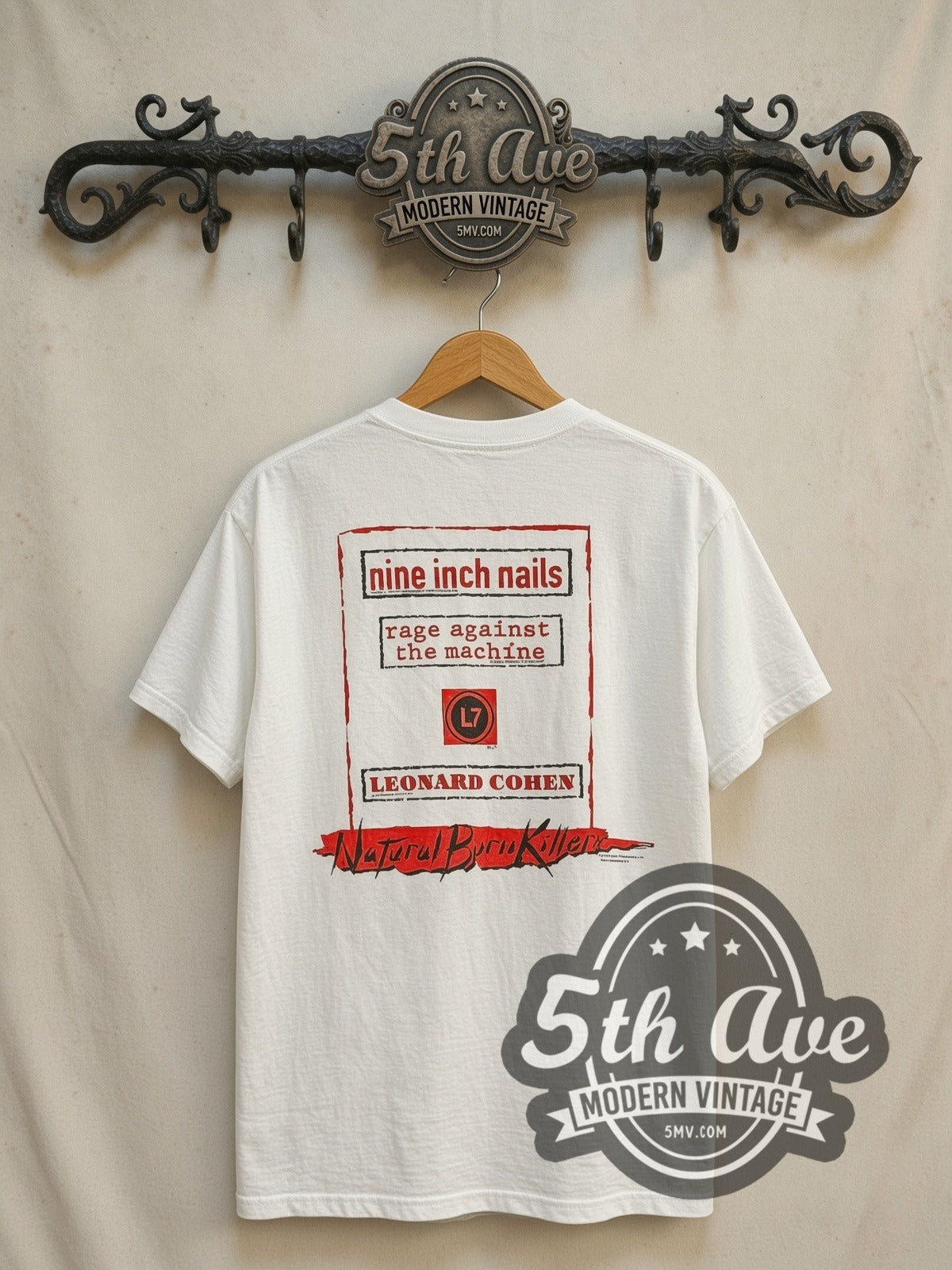 Natural Born Killers Blood Lust Soundtrack vintage movie t-shirt, back view on a display rack