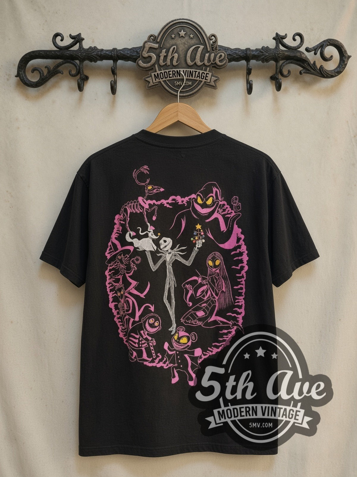 The Nightmare Before Christmas Jack Skellington vintage movie t-shirt, back view on a display rack
