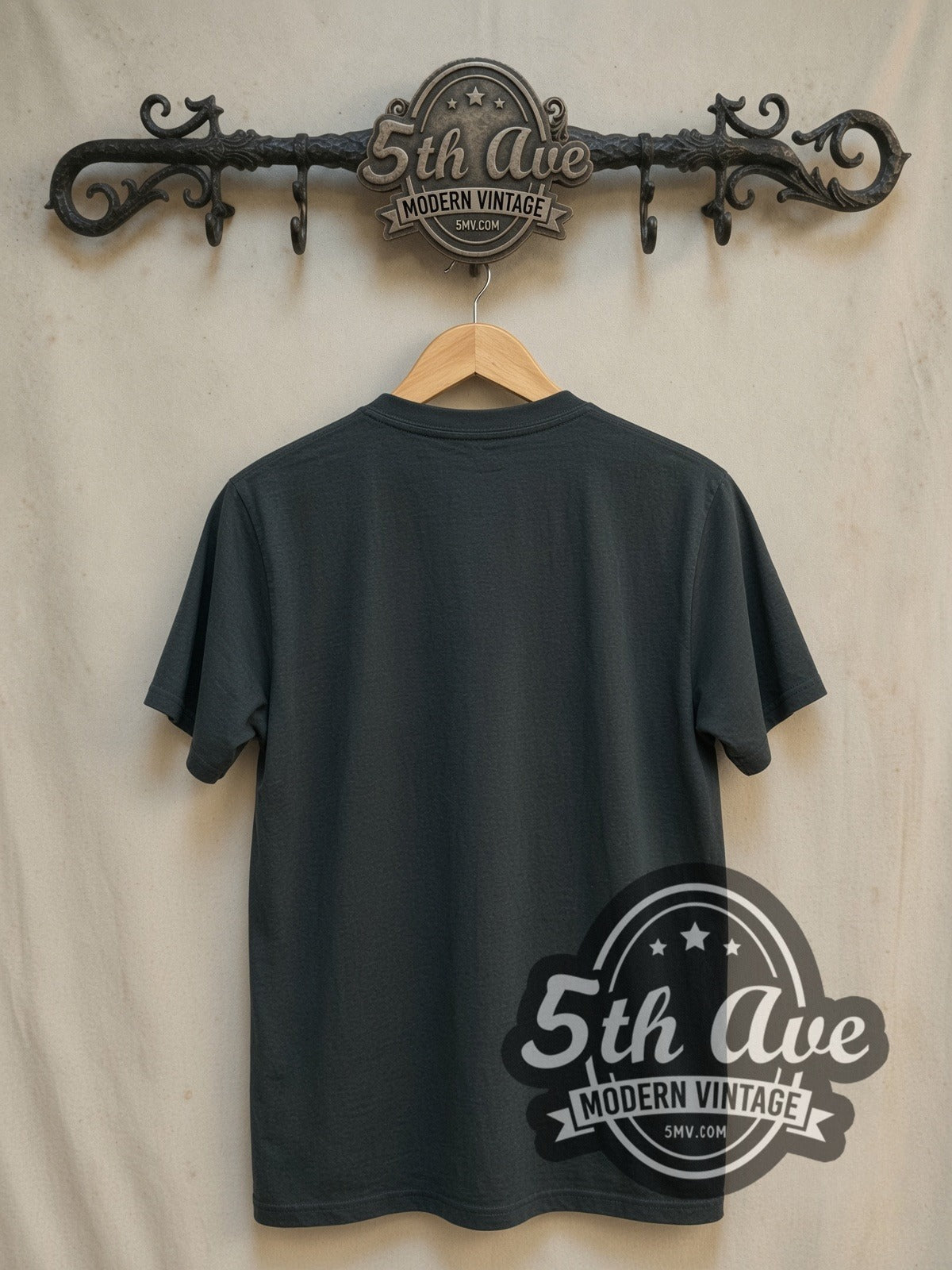 Radiohead Sunglasses Band Photo Red Border vintage band t-shirt in black, back view on a display rack