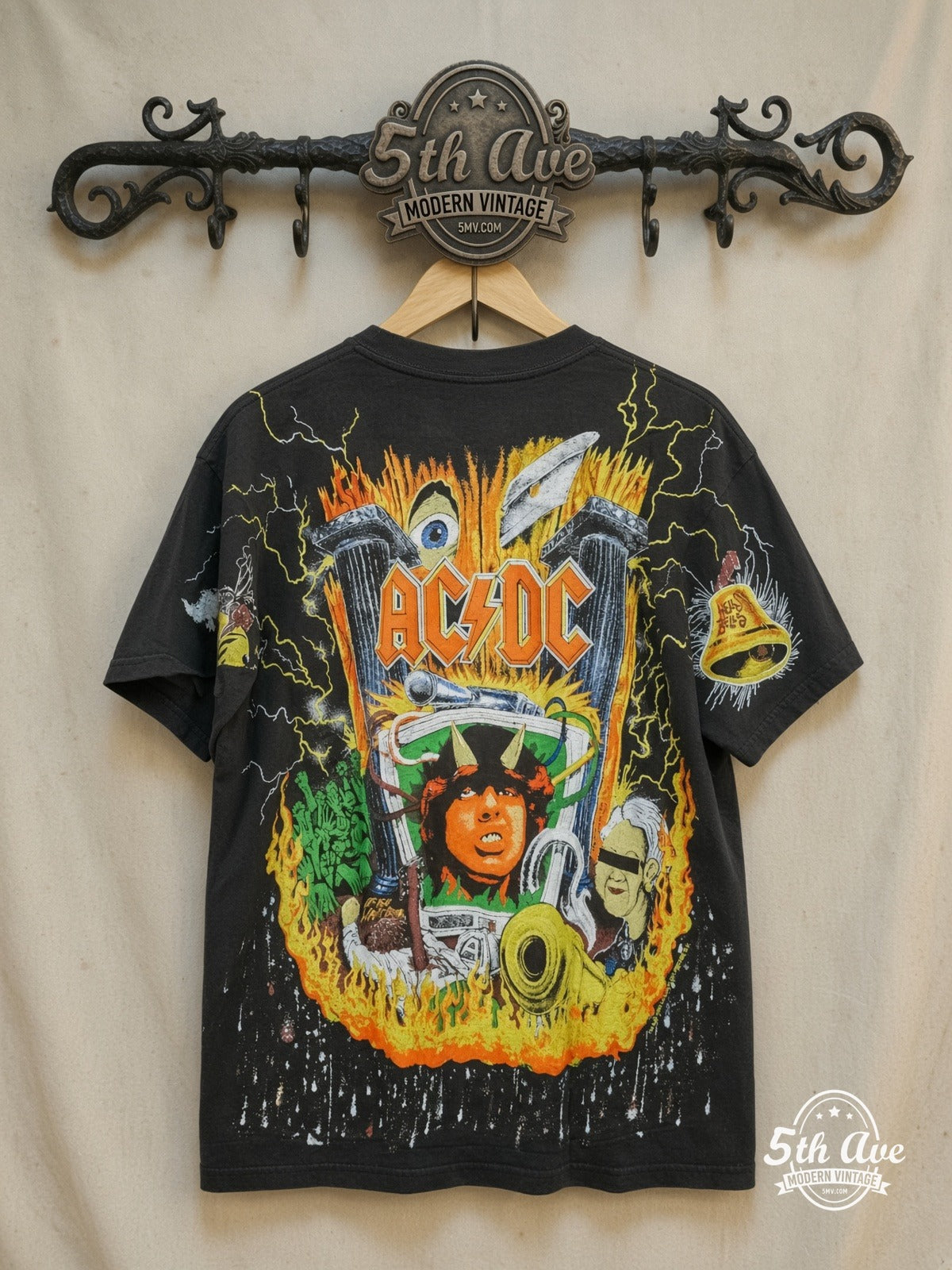 AC/DC Angus Young all-over print vintage band t-shirt back on rack
