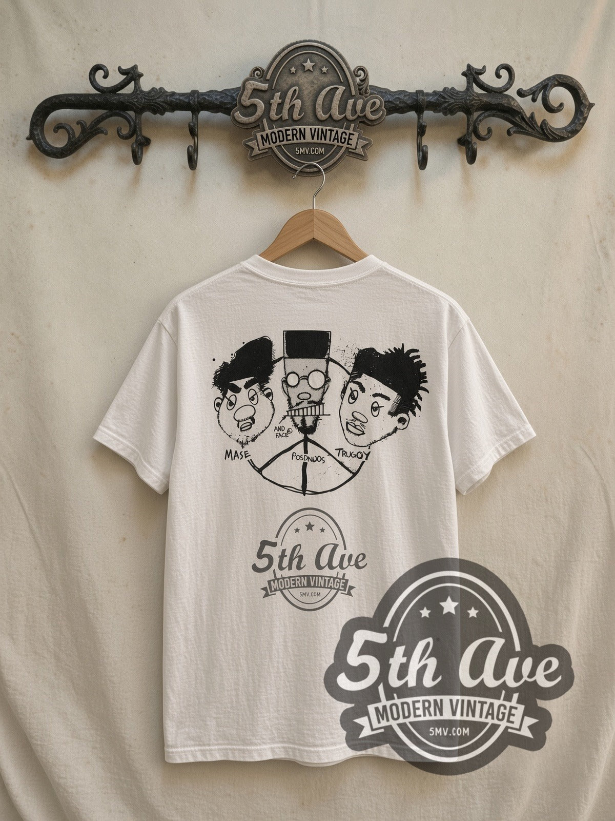 De La Soul 3 Feet High and Rising vintage rap tee in white, back view on a display rack