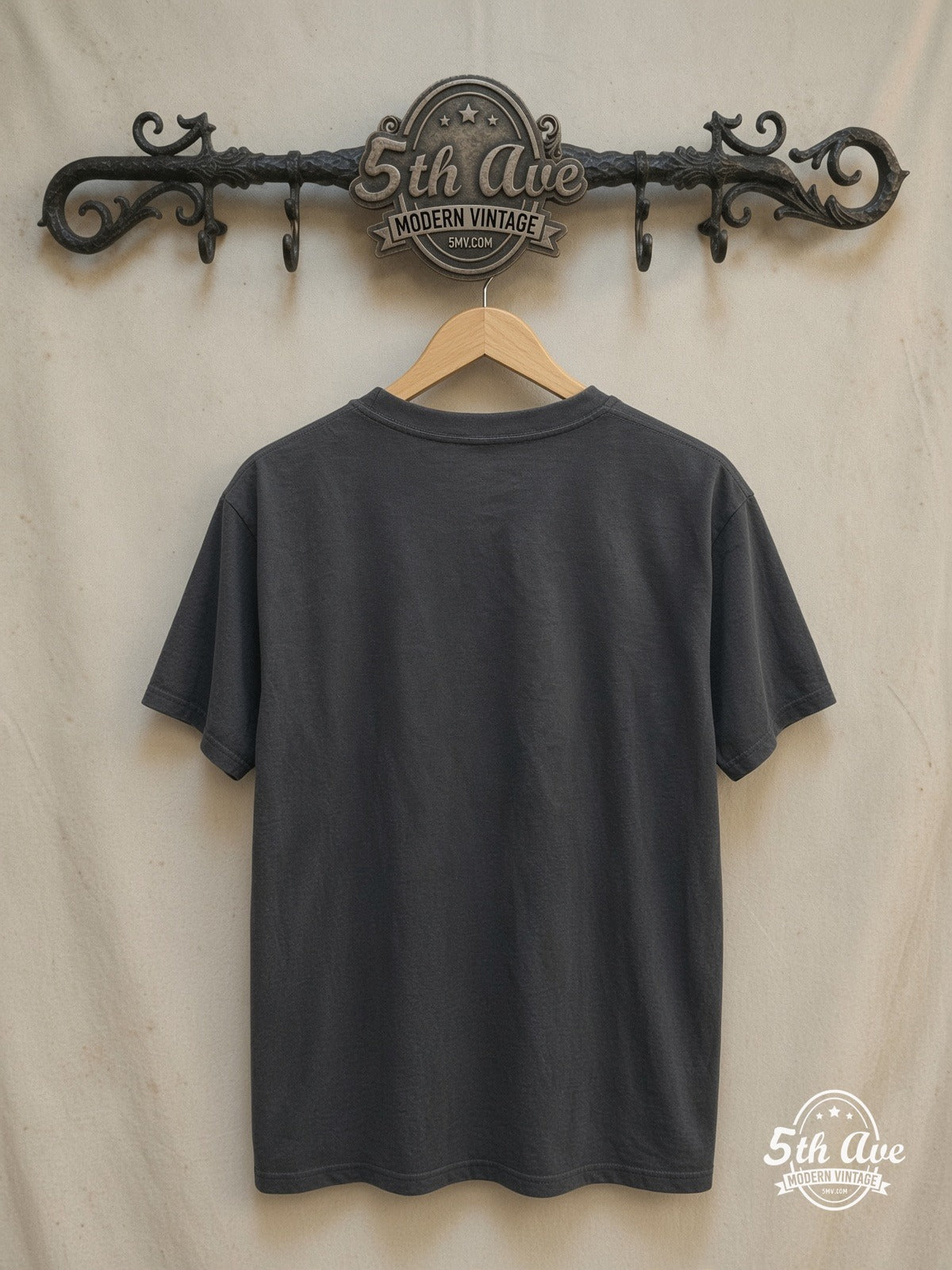 Elvis Vintage Band Tribute Tee – Vintage Band T-Shirt — back on locked cream ornate 5th Ave rack