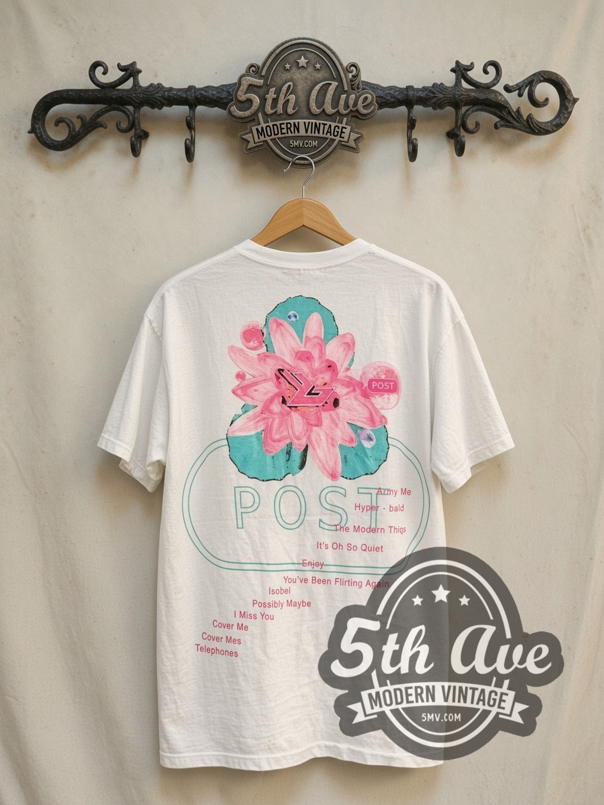 Bjork 'Post' the second studio album vintage band t-shirt in white, back view on a display rack