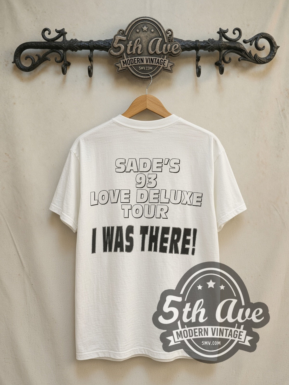 Sade Love Deluxe Tour 1993 I Was There vintage band t-shirt in white, back view on a display rack