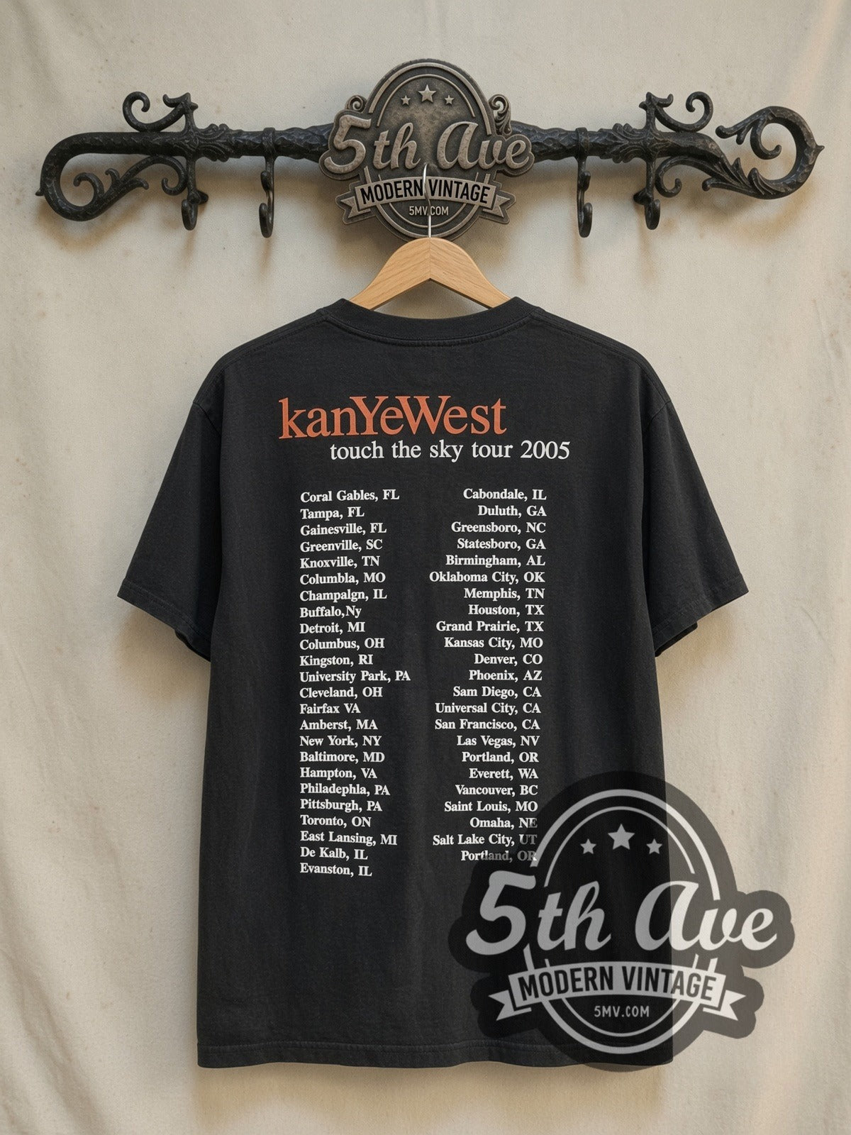Kanye West Late Registration / Touch the Sky Tour 2005 vintage band t-shirt in black, back view on a display rack