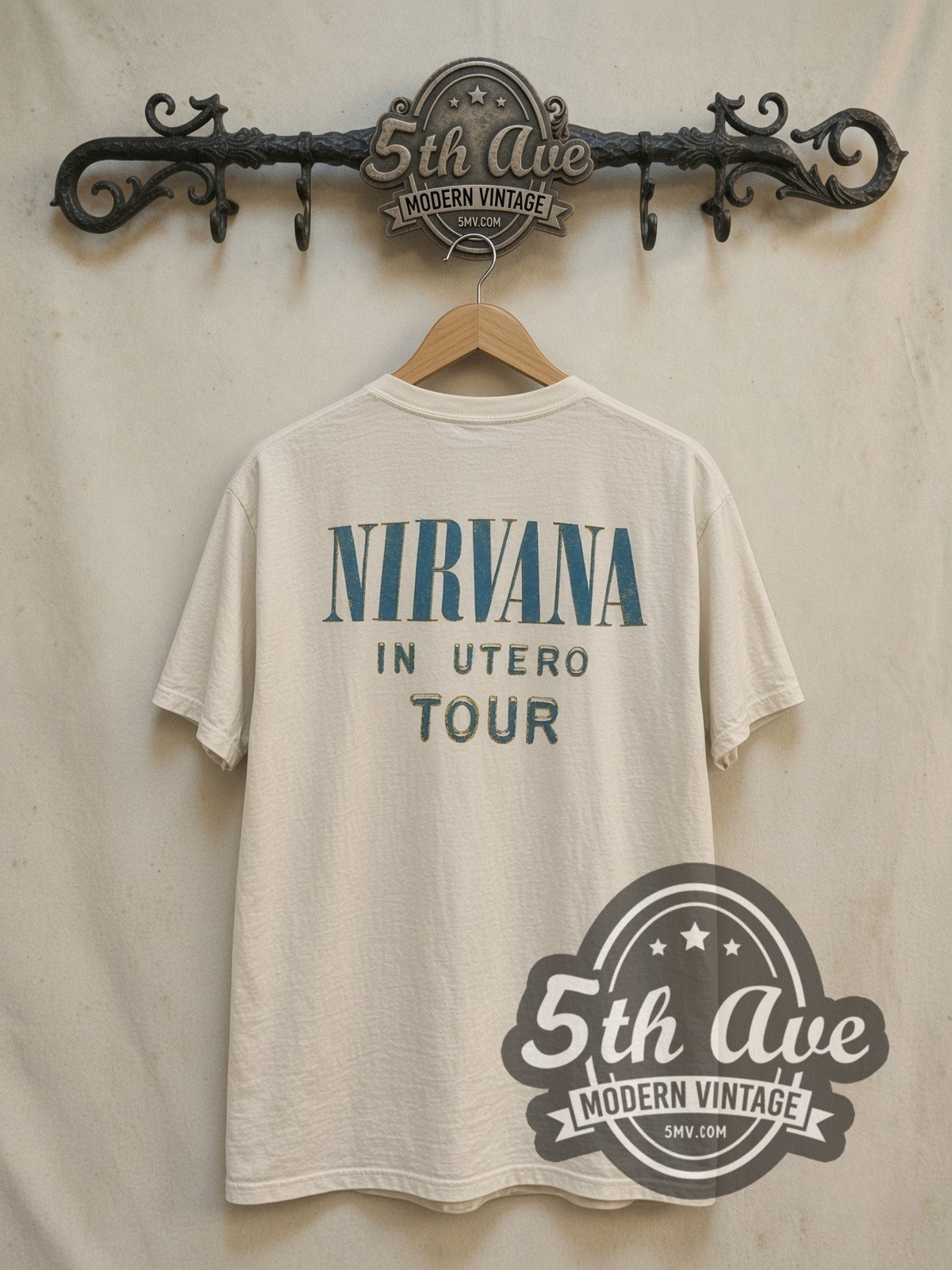 Nirvana In Utero Tour vintage band t-shirt, back view on a display rack