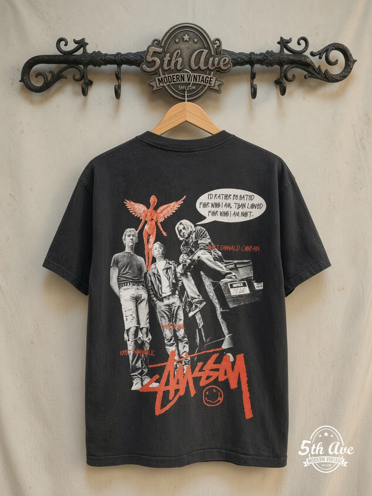 Nirvana – Stüssy Red Logo Kurt Portrait Grunge Is Not Dead – Vintage Band T-Shirt — back on locked cream ornate 5th Ave rack