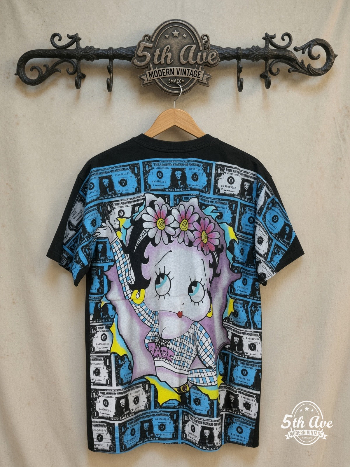 Betty Boop Vintage Animation T-Shirt – Iconic Design – All Over Print — back on locked cream ornate 5th Ave rack