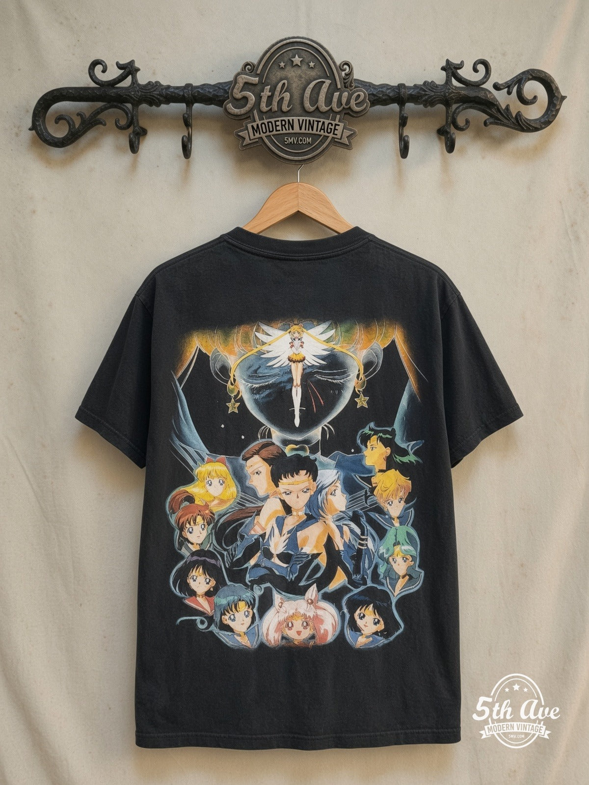 Sailor Moon – Sailor Guardians and Starlights – New Vintage Anime Tee — back on locked cream ornate 5th Ave rack