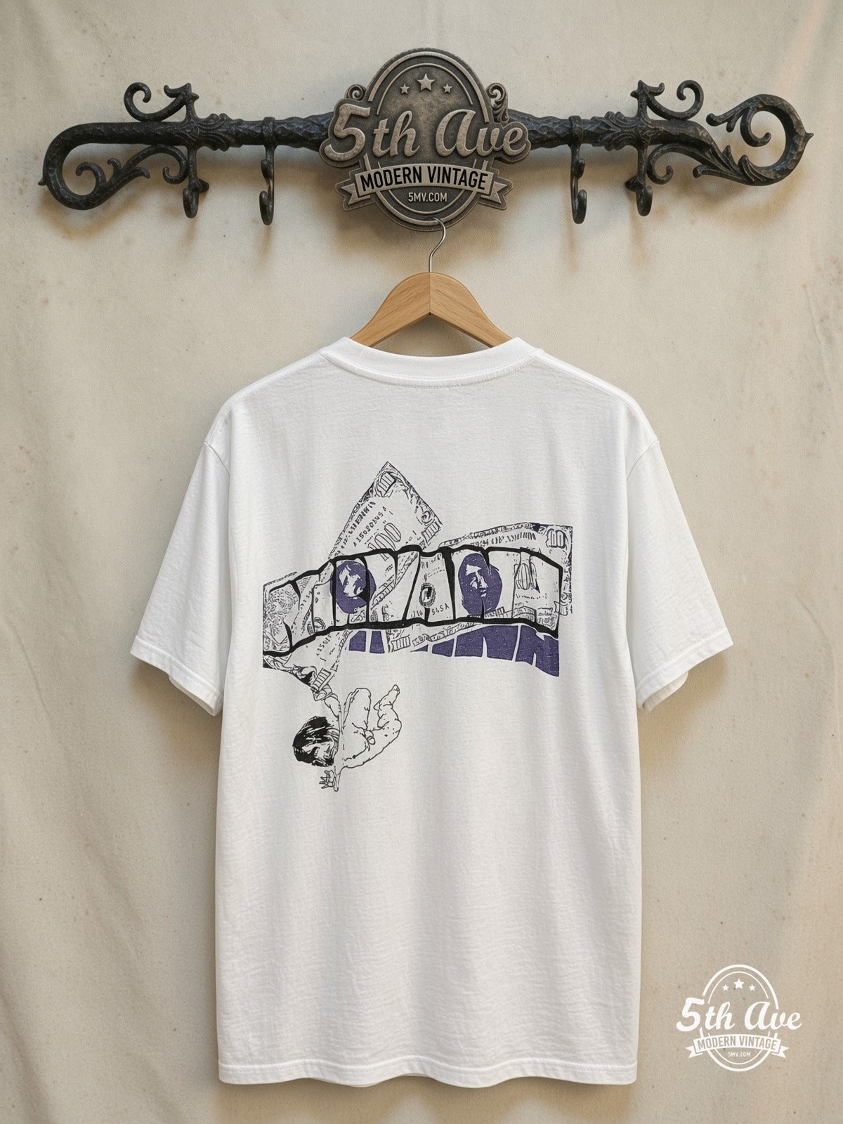 Nirvana – Nevermind Sketch Dollar Bills 1993 – Vintage Band T-Shirt — back on locked cream ornate 5th Ave rack