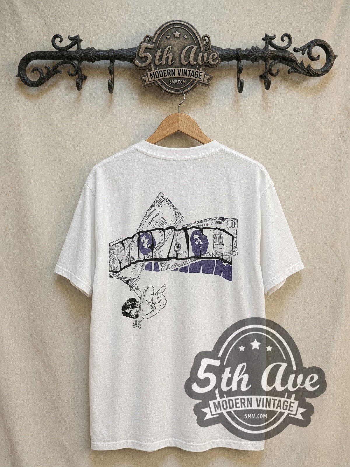 Nirvana Nevermind Sketch Dollar Bills 1993 vintage band t-shirt, back view on the 5MV rack