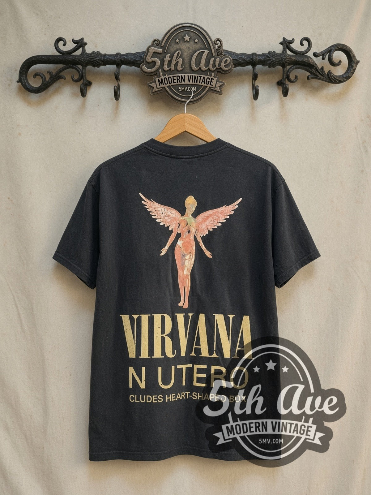Nirvana In Utero Distressed Angel Yellow Back Print vintage band t-shirt in black, back view on the 5MV rack