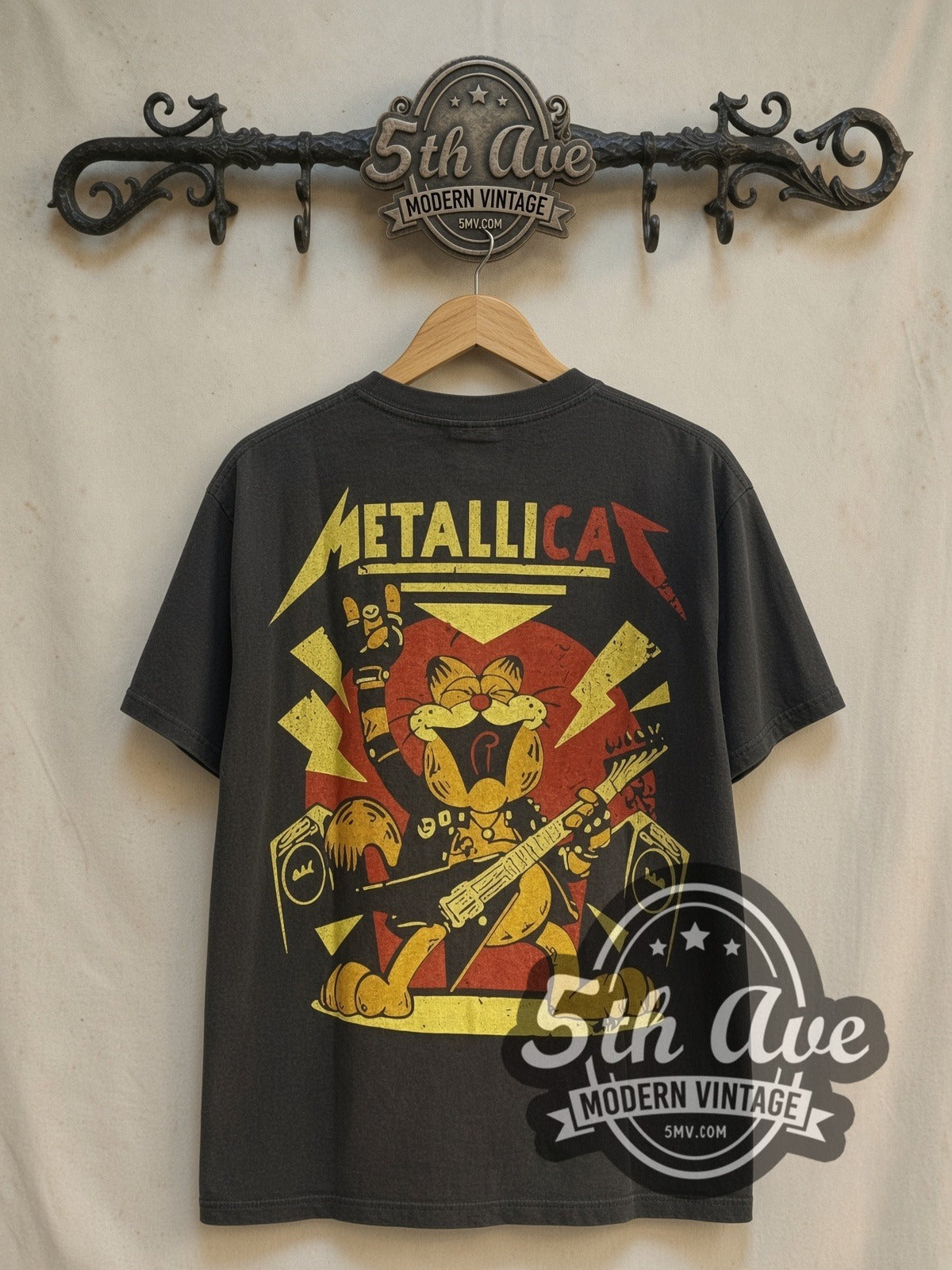 Metallica x Garfield Metallicat vintage band t-shirt, back view on the 5MV rack