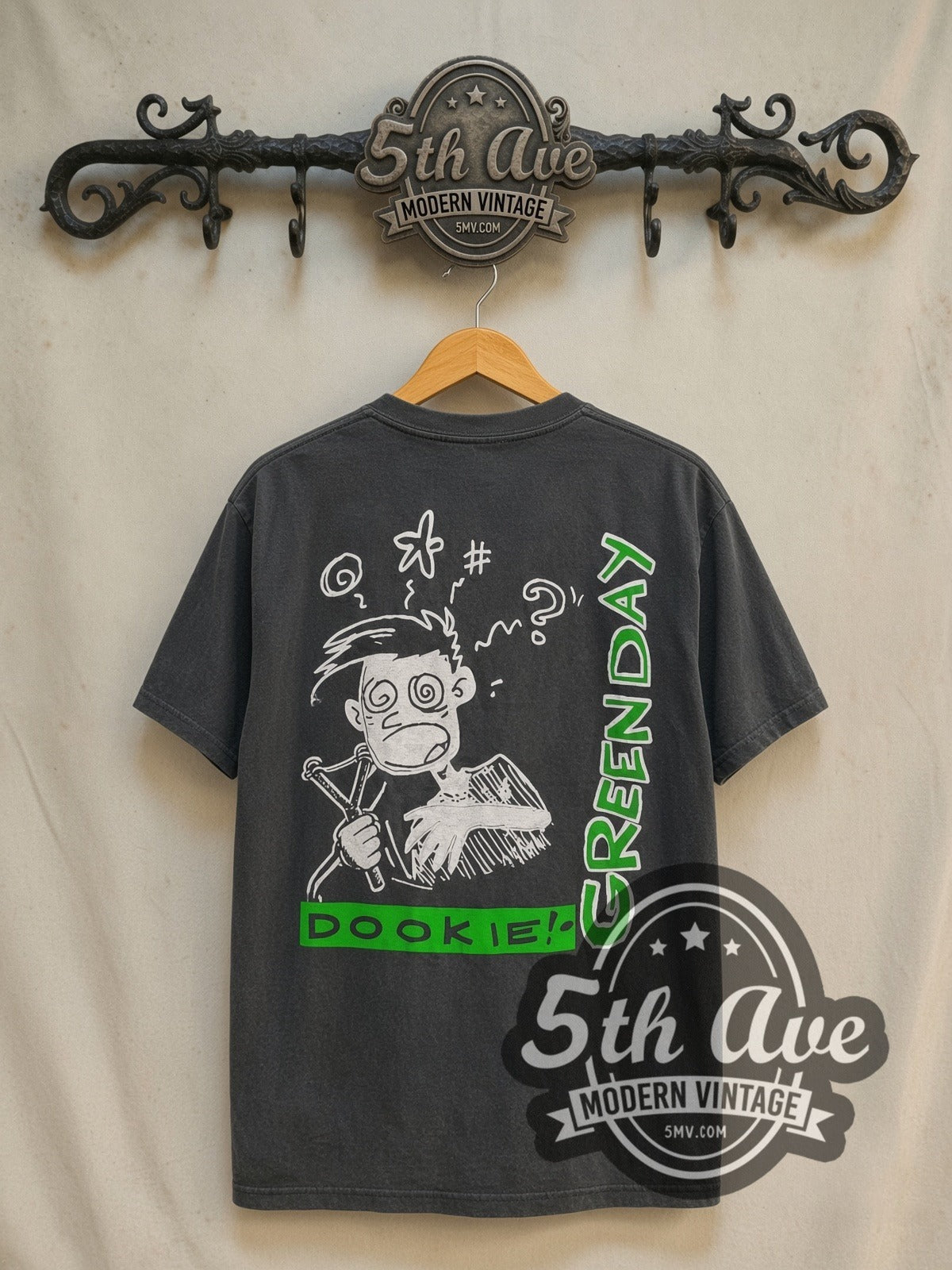 Green Day Band Street Photo Dookie Cartoon long sleeve vintage band t-shirt in black, back view on a display rack