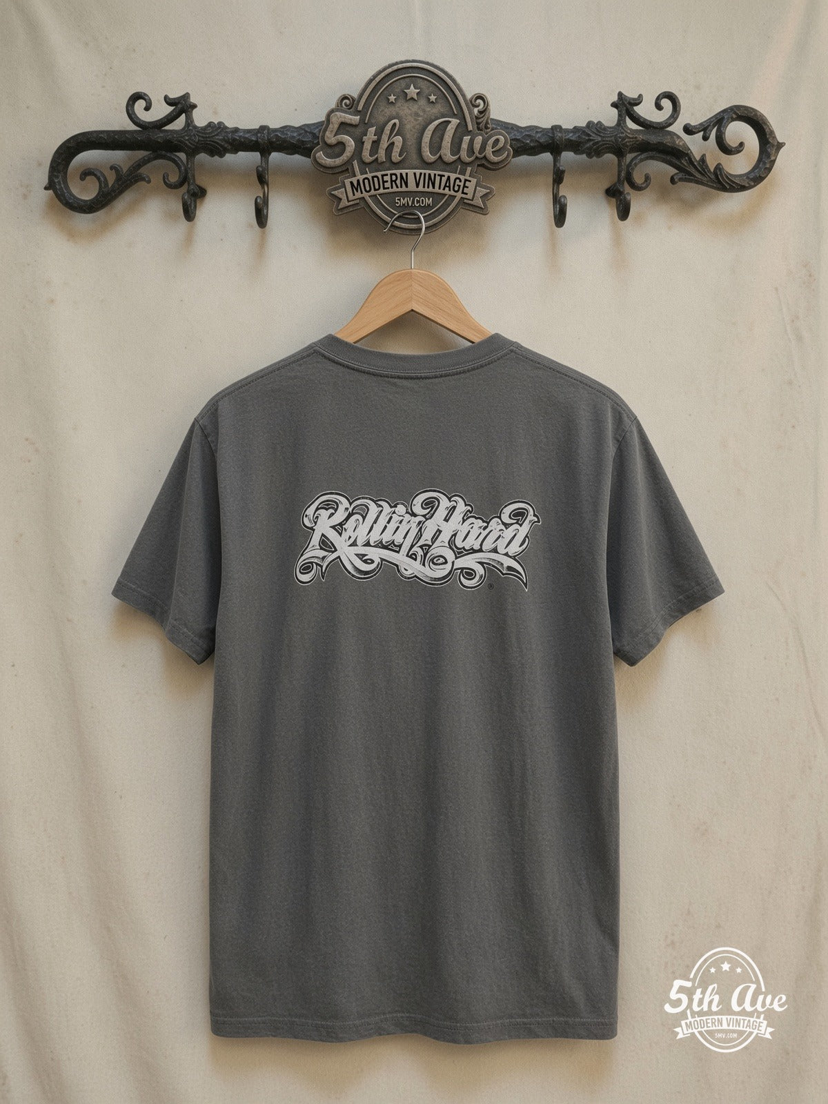 Freaky Behavior - Rollin hard lowrider low rider car culture t shirt – Vintage Band T-Shirt — back on locked cream ornate 5th Ave rack