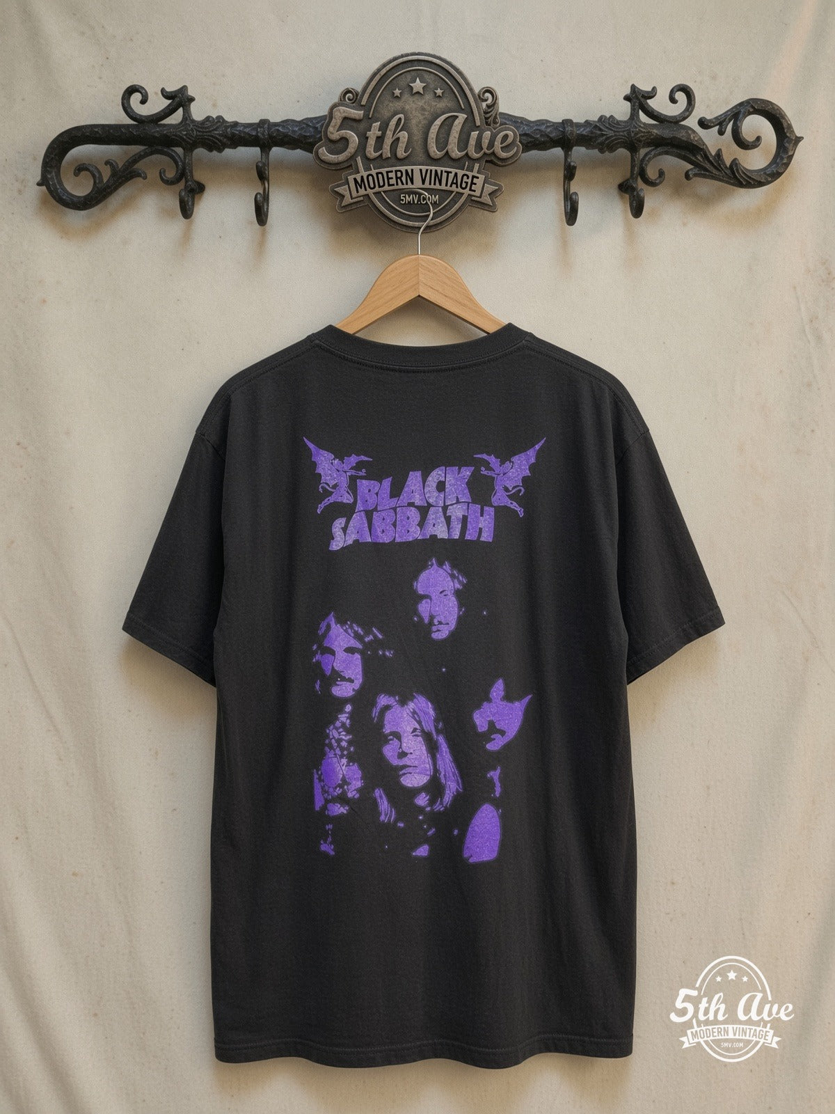 Black Sabbath – Angelic Legends in Purple Haze – Vintage Band T-Shirt — back on locked cream ornate 5th Ave rack