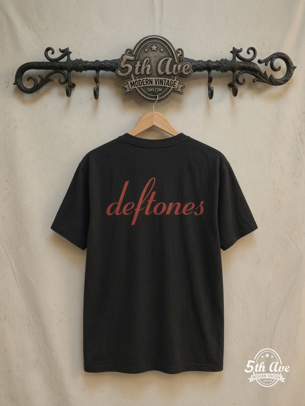 Deftones – Around the Fur Red Script Logo – Vintage Band T-Shirt — back on locked cream ornate 5th Ave rack
