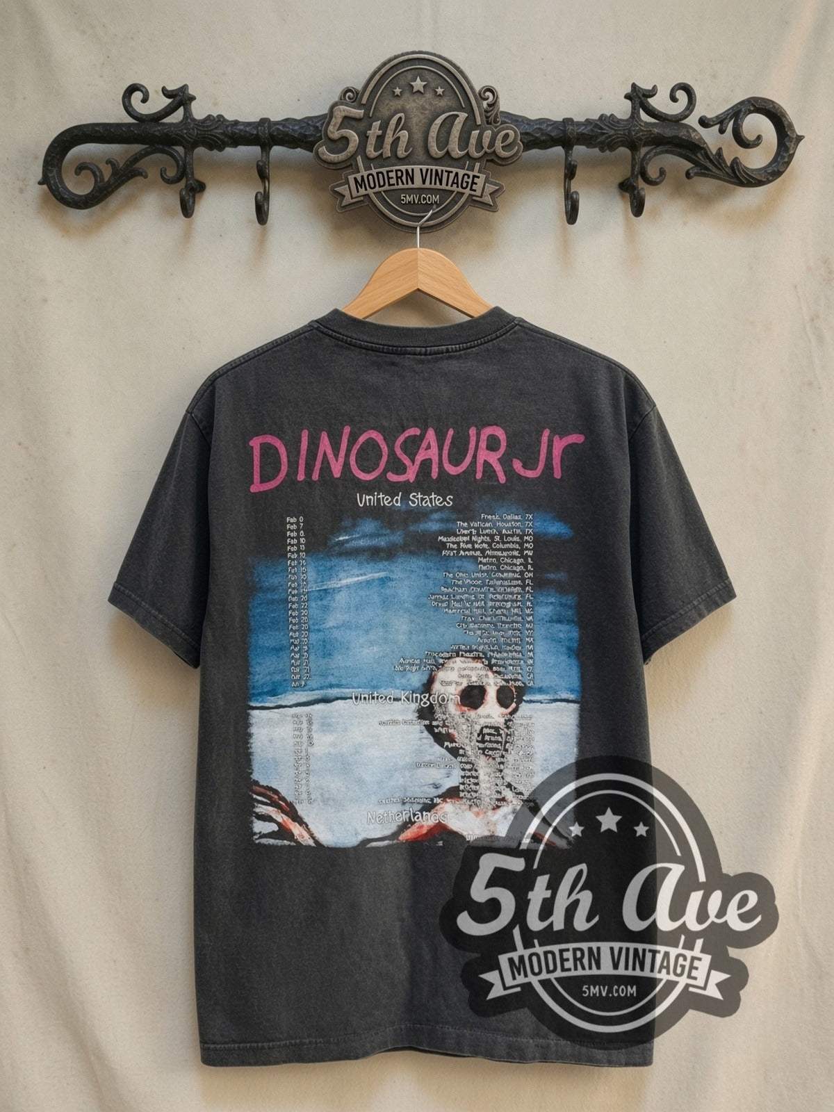 Dinosaur Jr. Where You Been' US UK Netherlands tour 1993 vintage band t-shirt in black, back view on a display rack