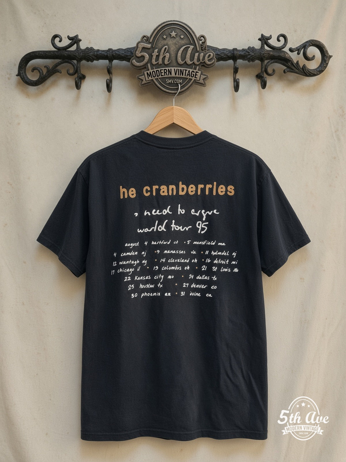 The Cranberries – No Need to Argue World Tour 1995 – Vintage Band T-Shirt — back on locked cream ornate 5th Ave rack
