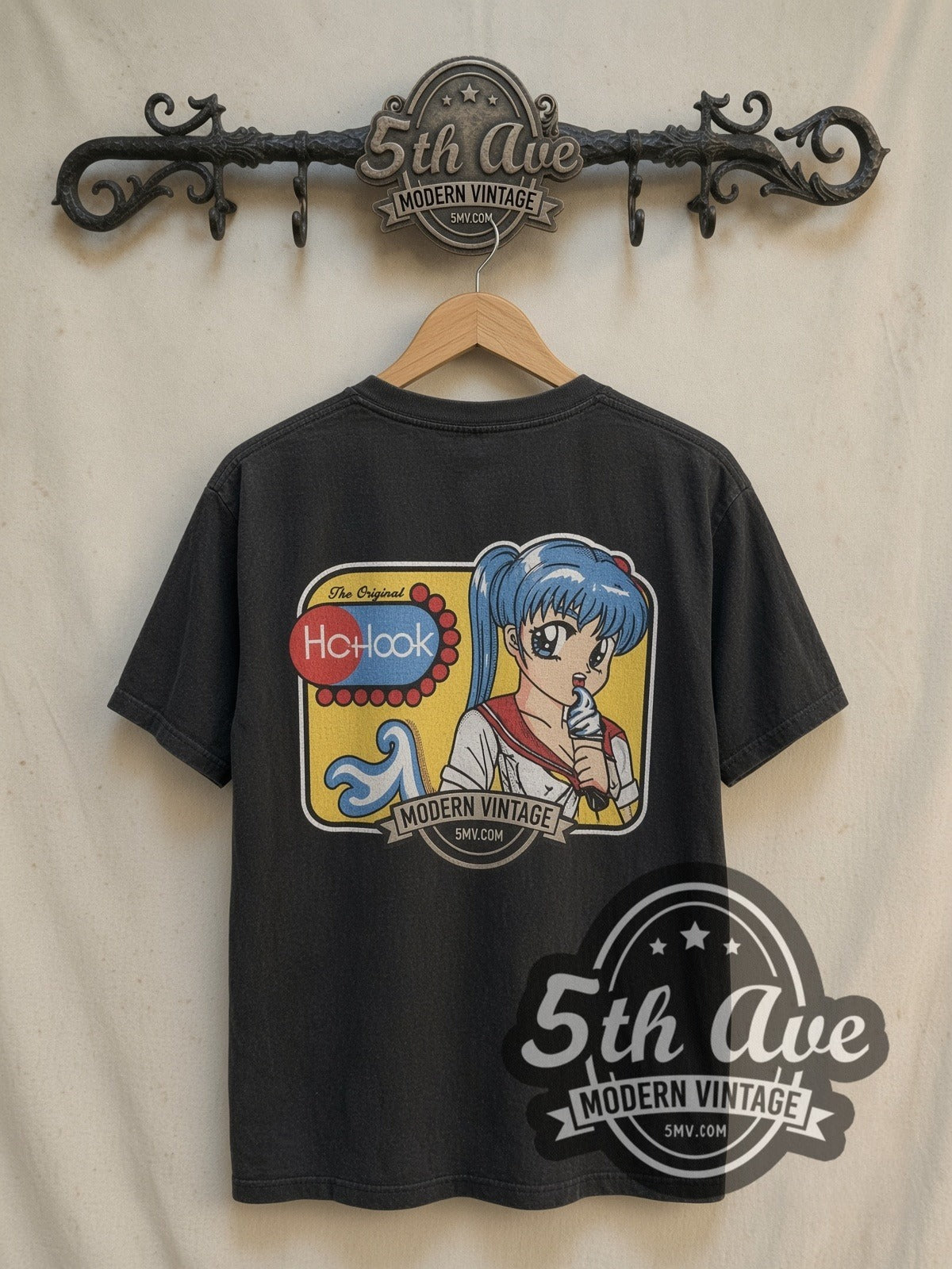 Hook-Ups Ice Cream Girl vintage anime tee in black, back view on a display rack