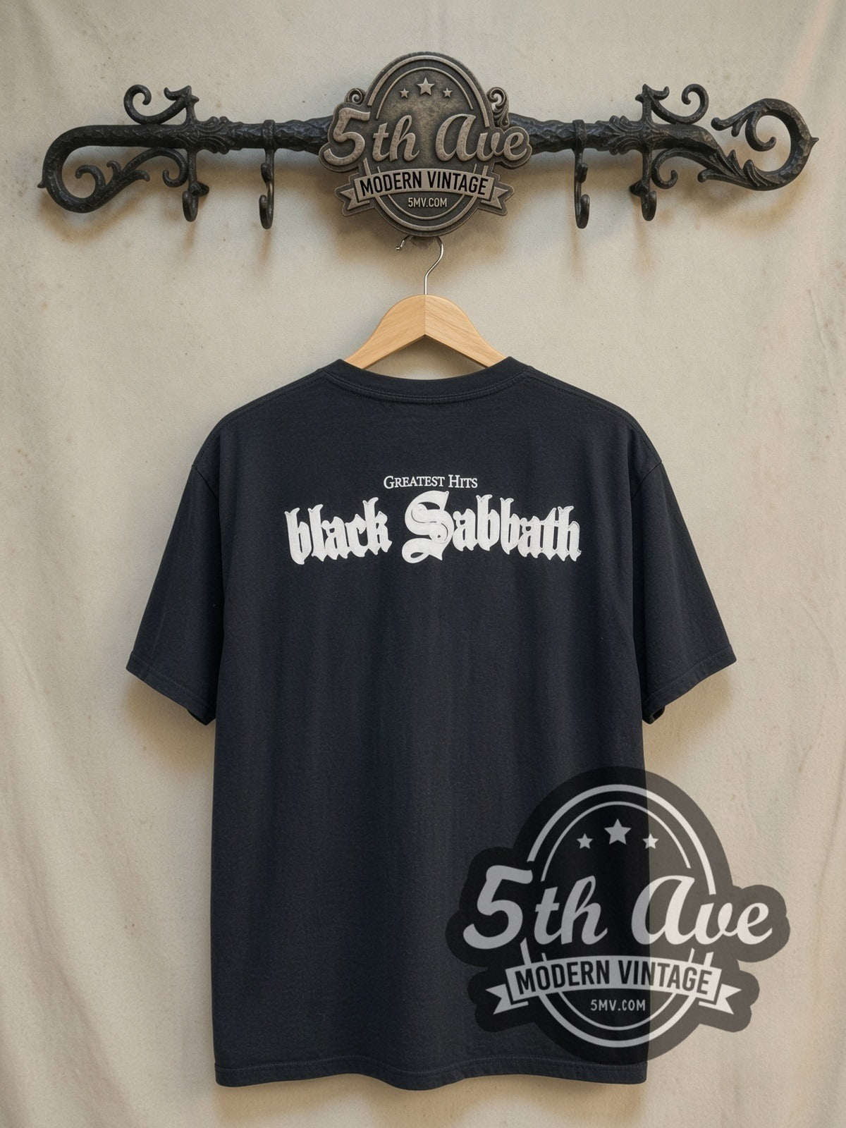 Black Sabbath Greatest Hits vintage band t-shirt, back view on the 5MV rack