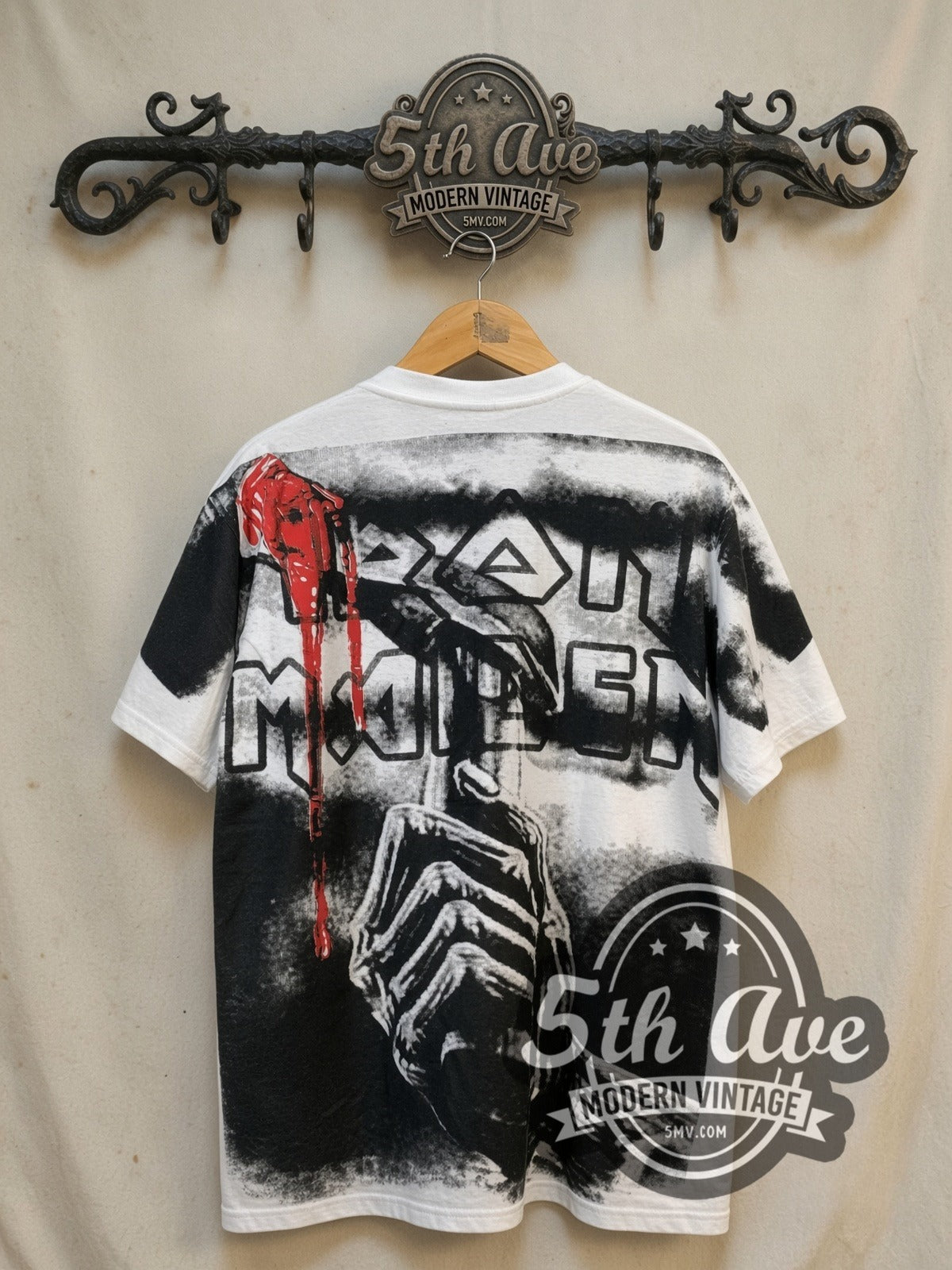 Iron Maiden Killers all-over-print vintage band t-shirt, back view on the 5MV rack