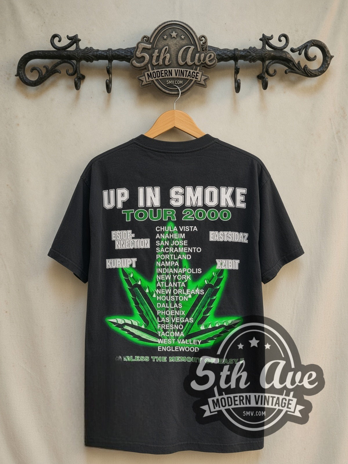 Dr. Dre, Snoop Dogg, Ice Cube & Eminem Up in Smoke Tour 2000 vintage band t-shirt in black, back view on a display rack