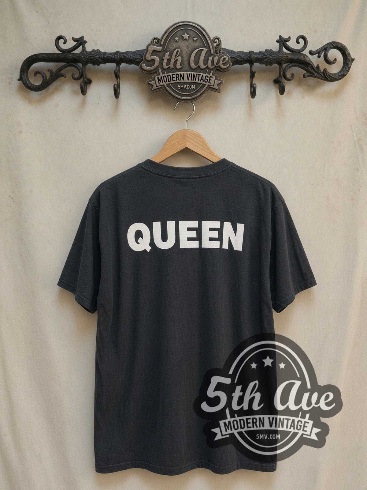 Queen Crest Circle Member Names vintage band t-shirt, back view on the 5MV rack