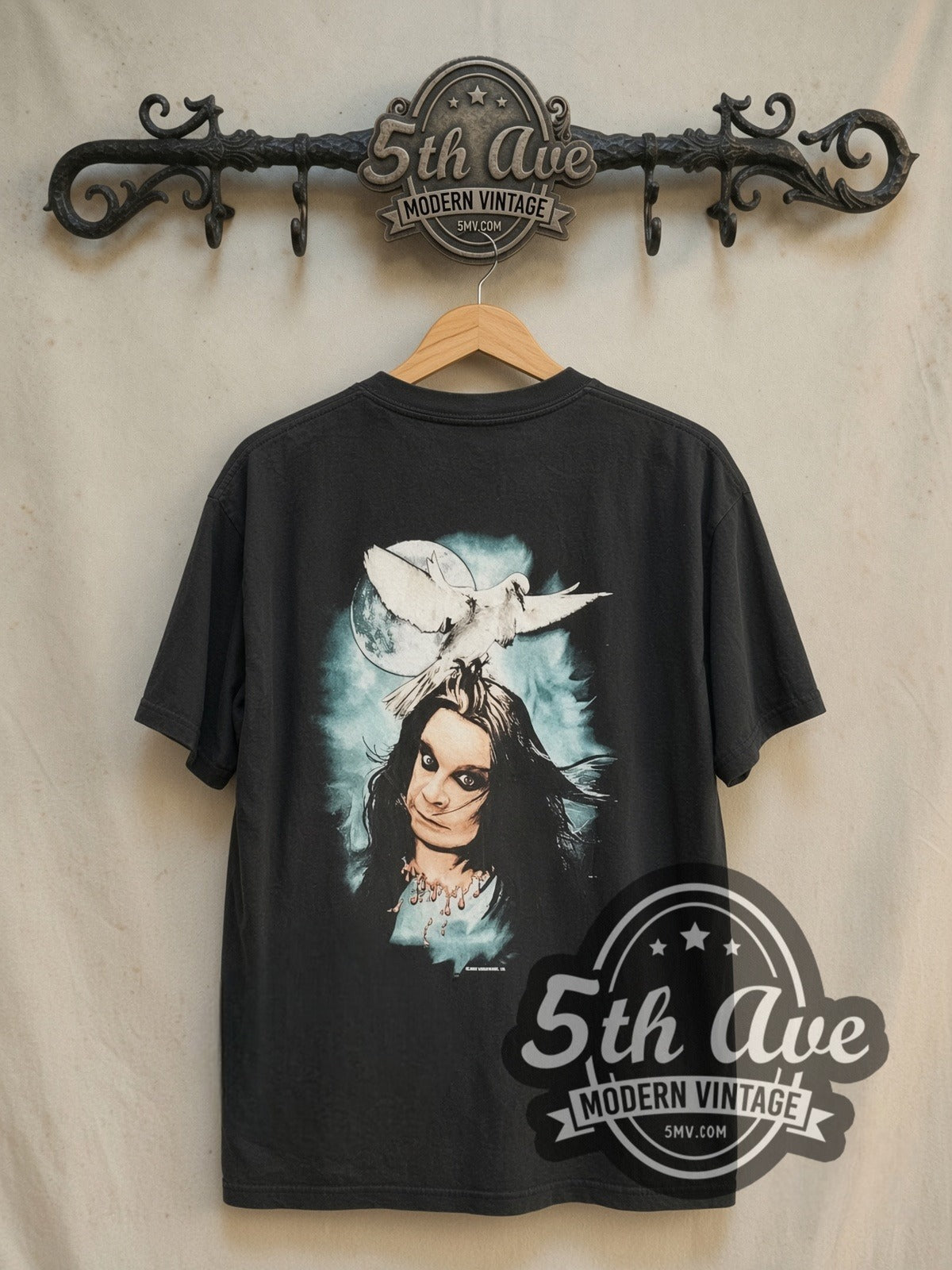 Ozzy Osbourne Dove Holding Portrait Moon vintage band t-shirt in black, back view on the 5MV rack