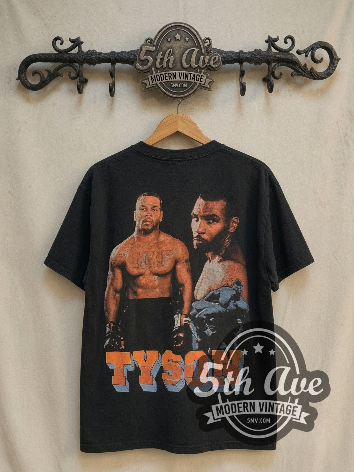 Mike Tyson Iron Mike vintage boxing tee in black, back view on the 5MV rack