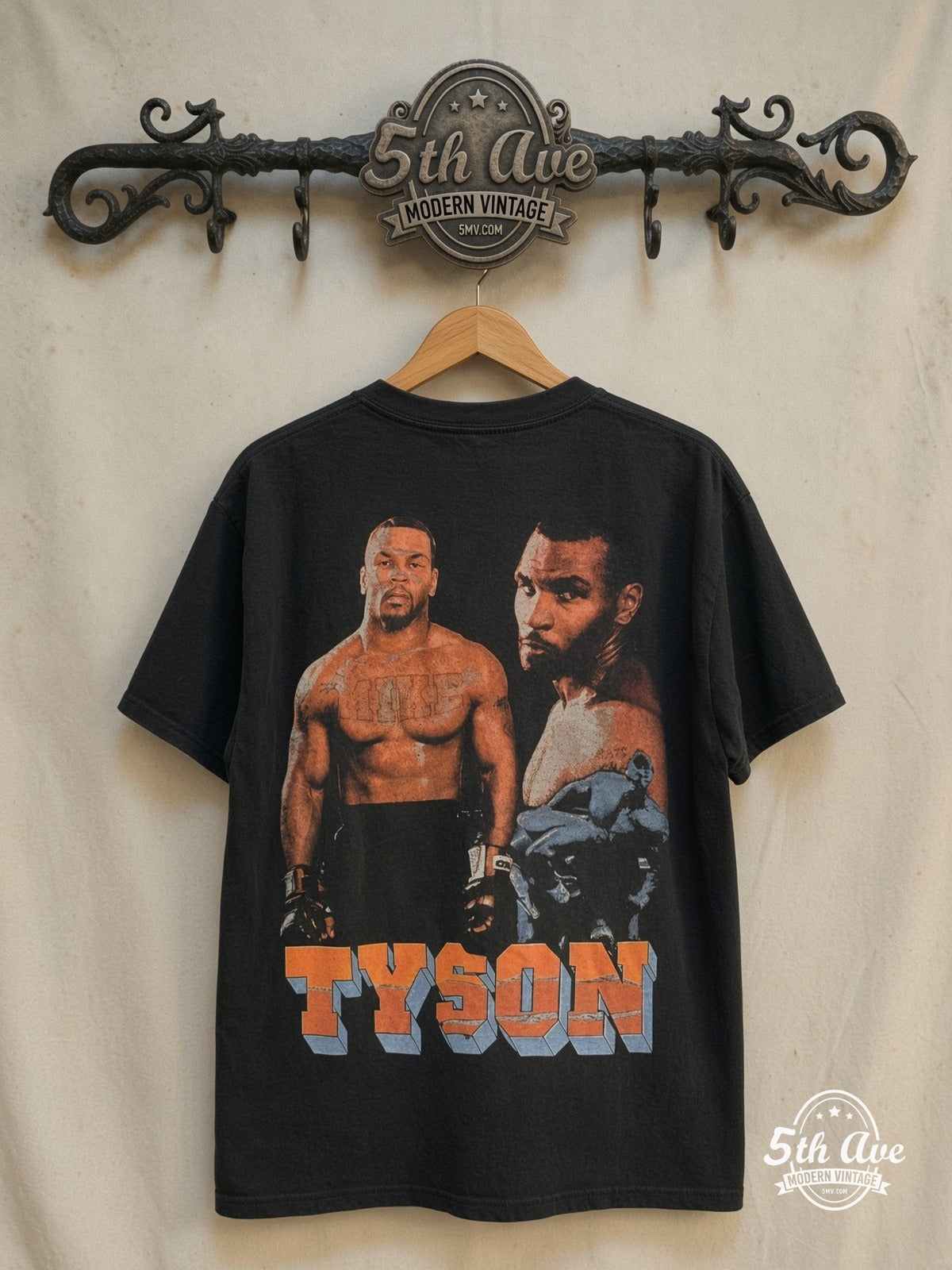 Mike Tyson – Iron Mike – Vintage Graphic Tee — back on locked cream ornate 5th Ave rack