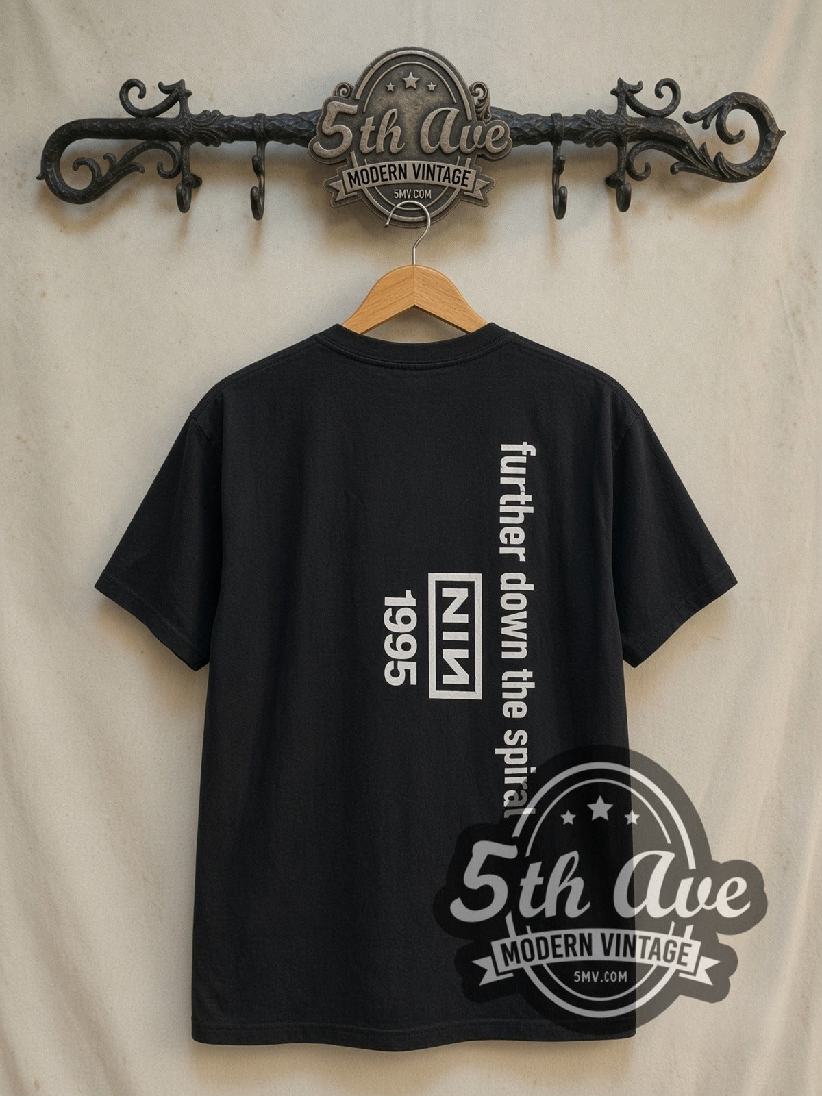Nine Inch Nails Further Down the Spiral Black Coiled Rope vintage band t-shirt in black, back view on the 5MV rack