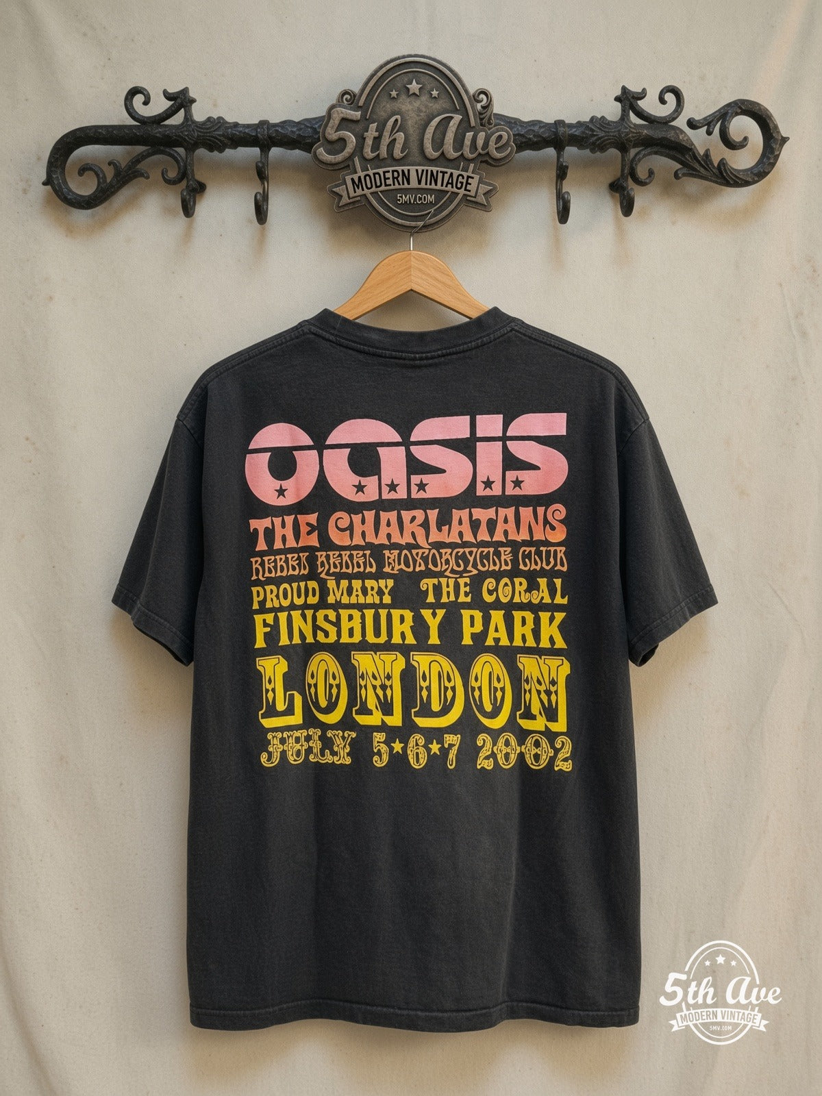Oasis – The Charlatans, Black Rebel Motorcycle Club, Proud Mary and The Coral – Vintage Band T-Shirt — back on locked cream ornate 5th Ave rack