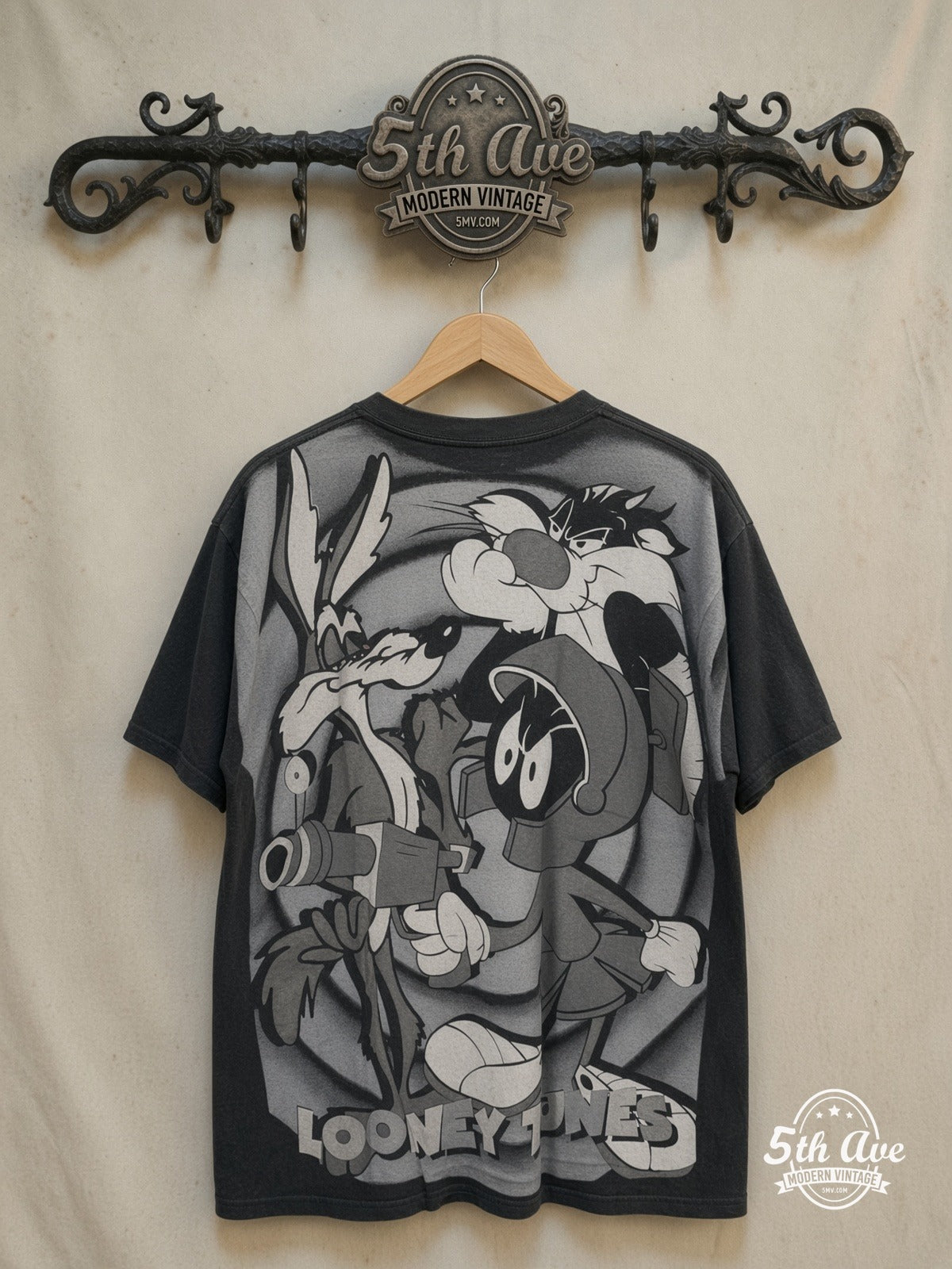 Bugs Bunny – Looney Tunes Bugs Bunny Daffy Duck and Taz-Mania – New Vintage Graphic Tee — back on locked cream ornate 5th Ave rack
