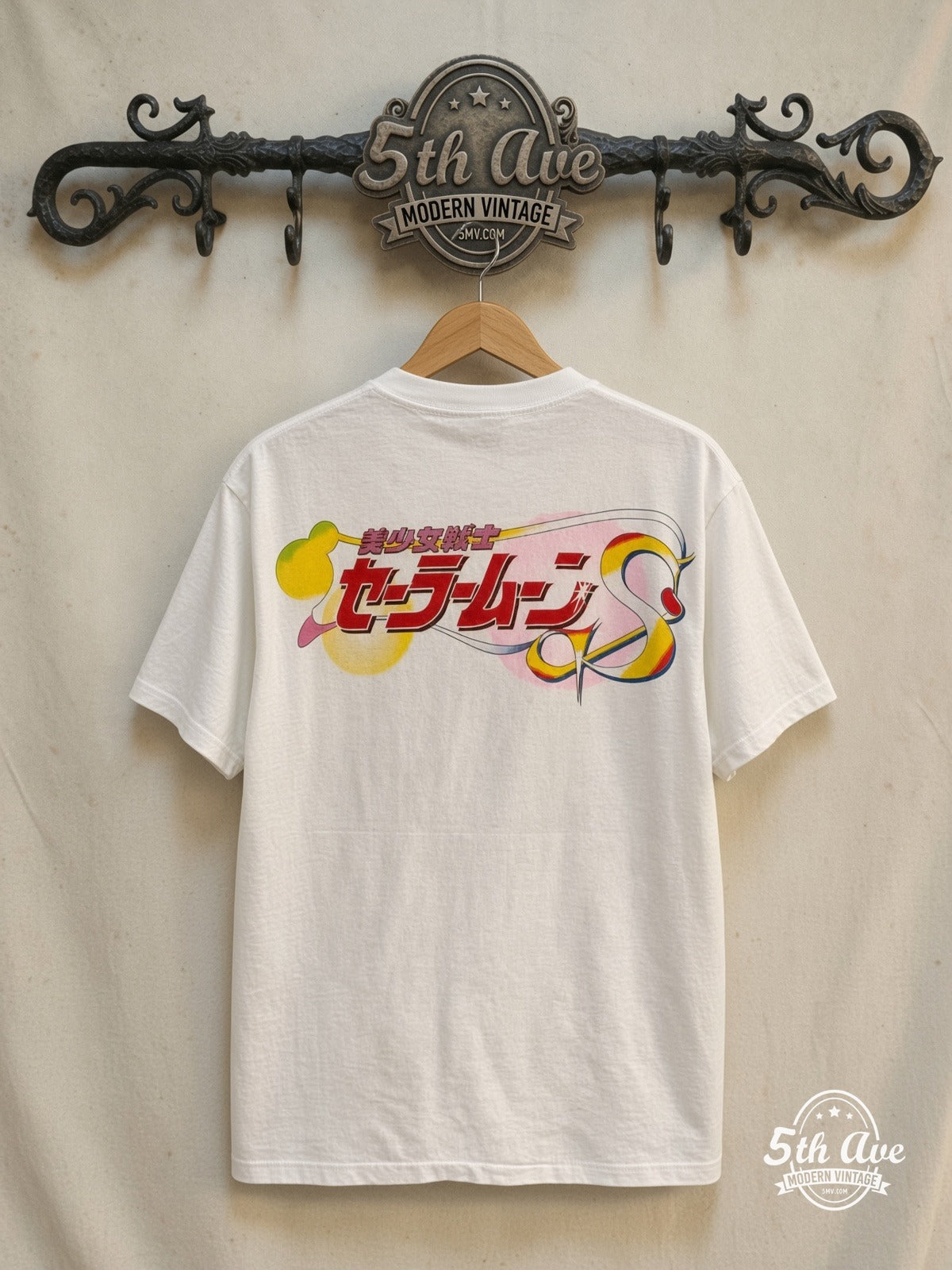 Sailor Moon – Sailor Chibi Moon and Luna – New Vintage Anime Tee — back on locked cream ornate 5th Ave rack