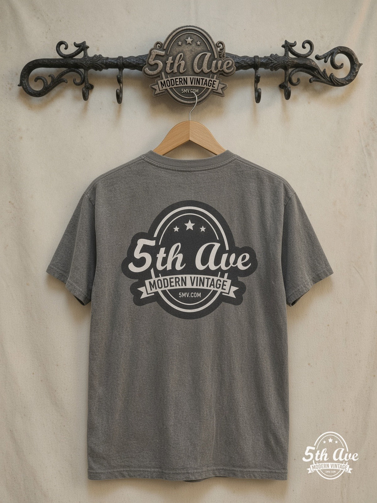 Bowie's Chromatic Ode Vintage Portrait Symphony t shirt – All Over Print – Vintage Band T-Shirt — back on locked cream ornate 5th Ave rack