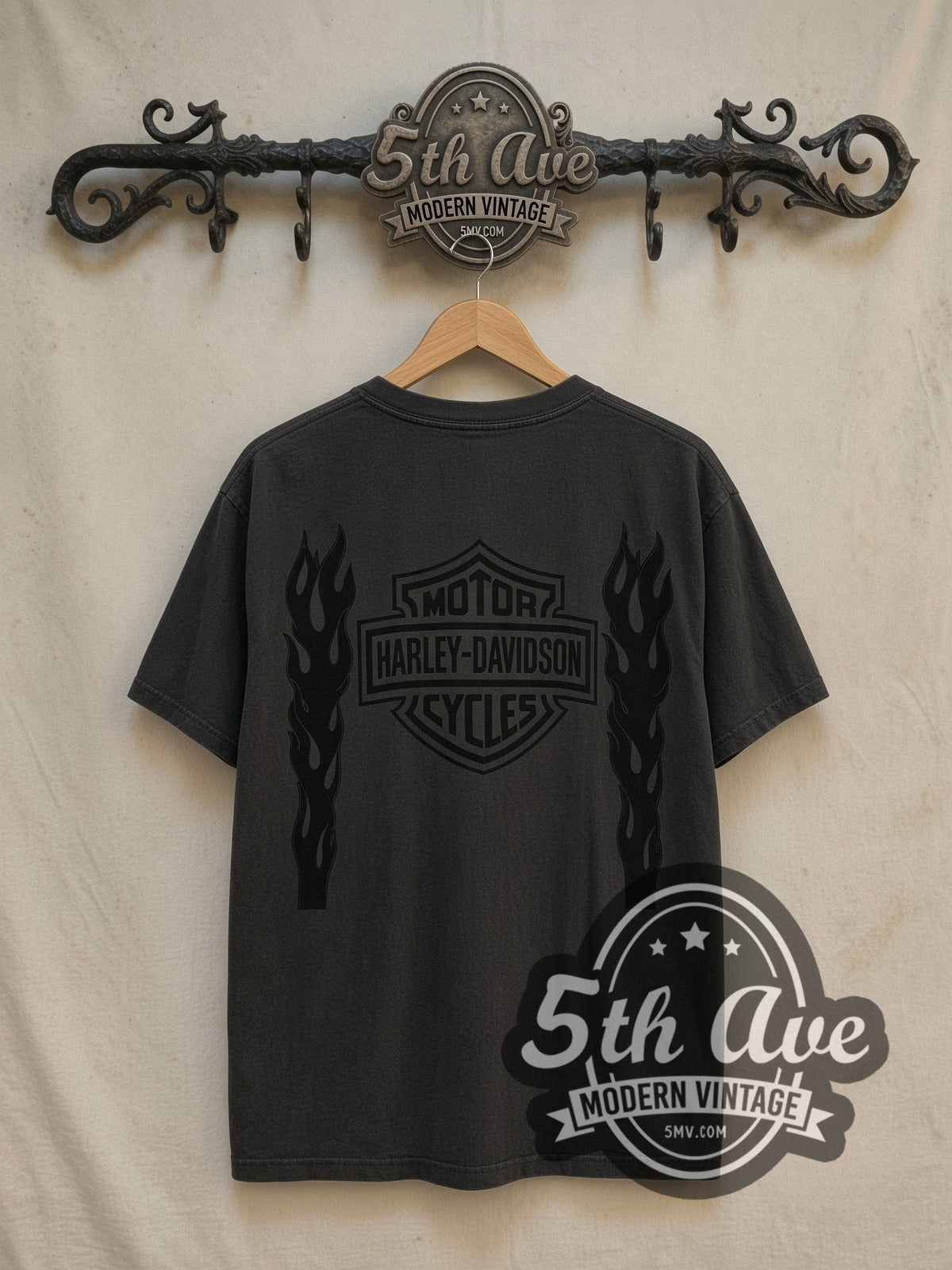Harley-Davidson Wisconsin Oconomowoc Pink Shield vintage graphic long sleeve t-shirt, back view on a display rack