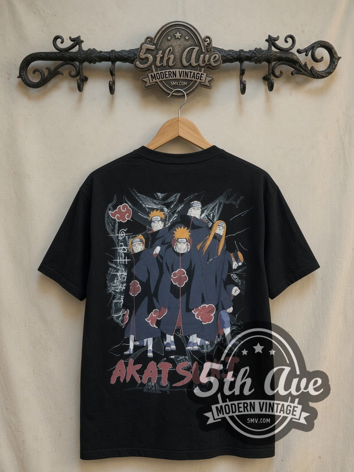Naruto Shippuden Akatsuki vintage graphic t-shirt, back view on a display rack