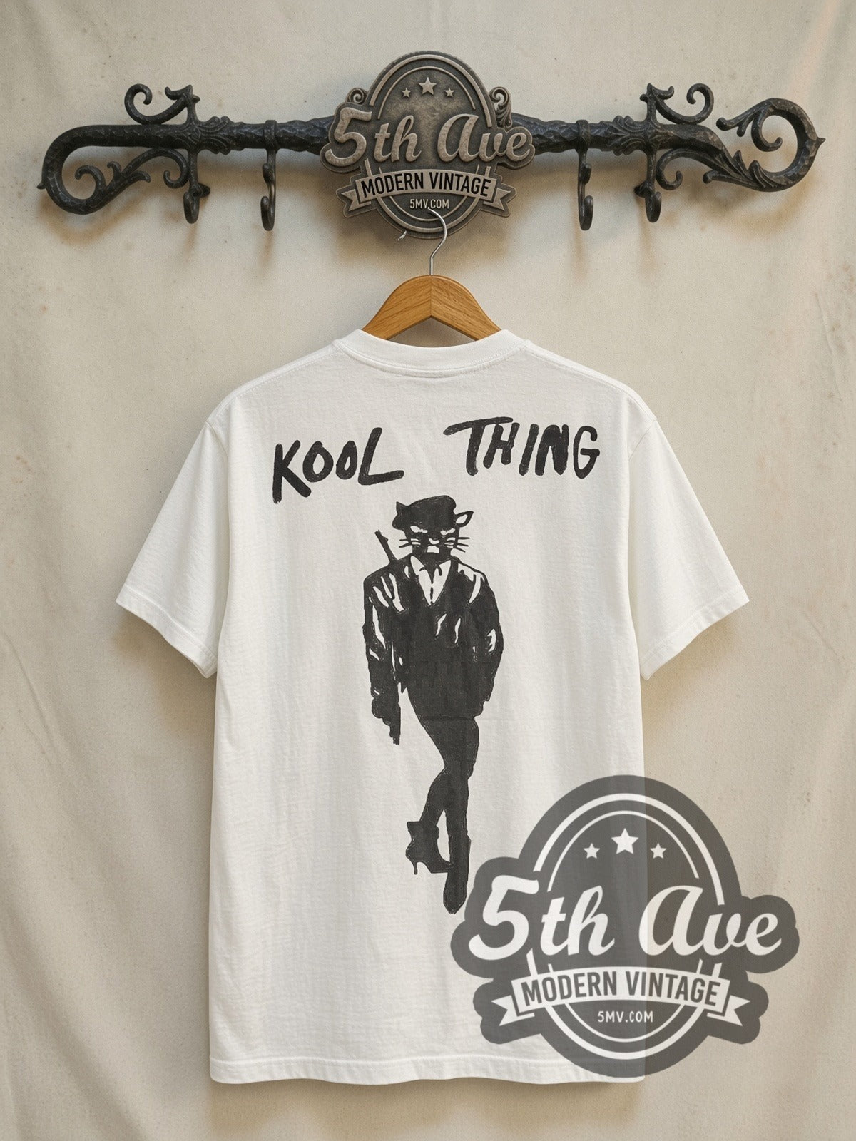 Sonic Youth Kool Thing vintage band t-shirt in white, back view on the 5MV rack