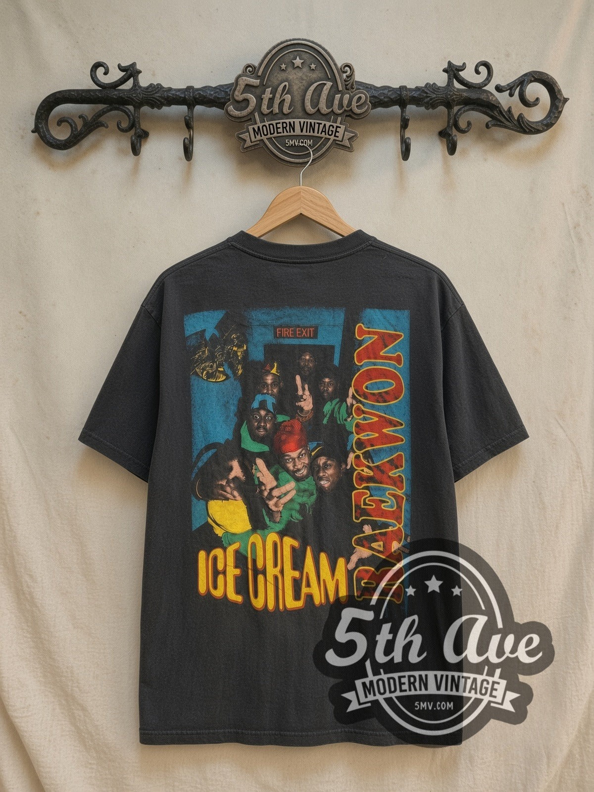 Wu-Tang Clan / Raekwon Ice Cream vintage band t-shirt in black, back view on a display rack
