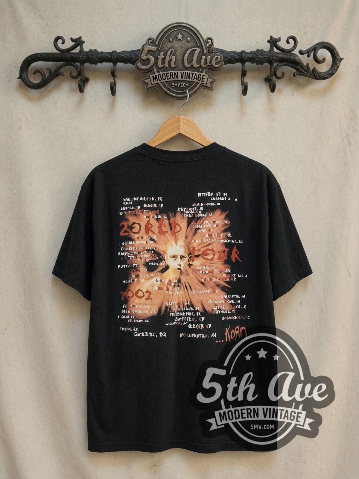 Korn World Tour 2002 vintage band t-shirt in black, back view on the 5MV rack