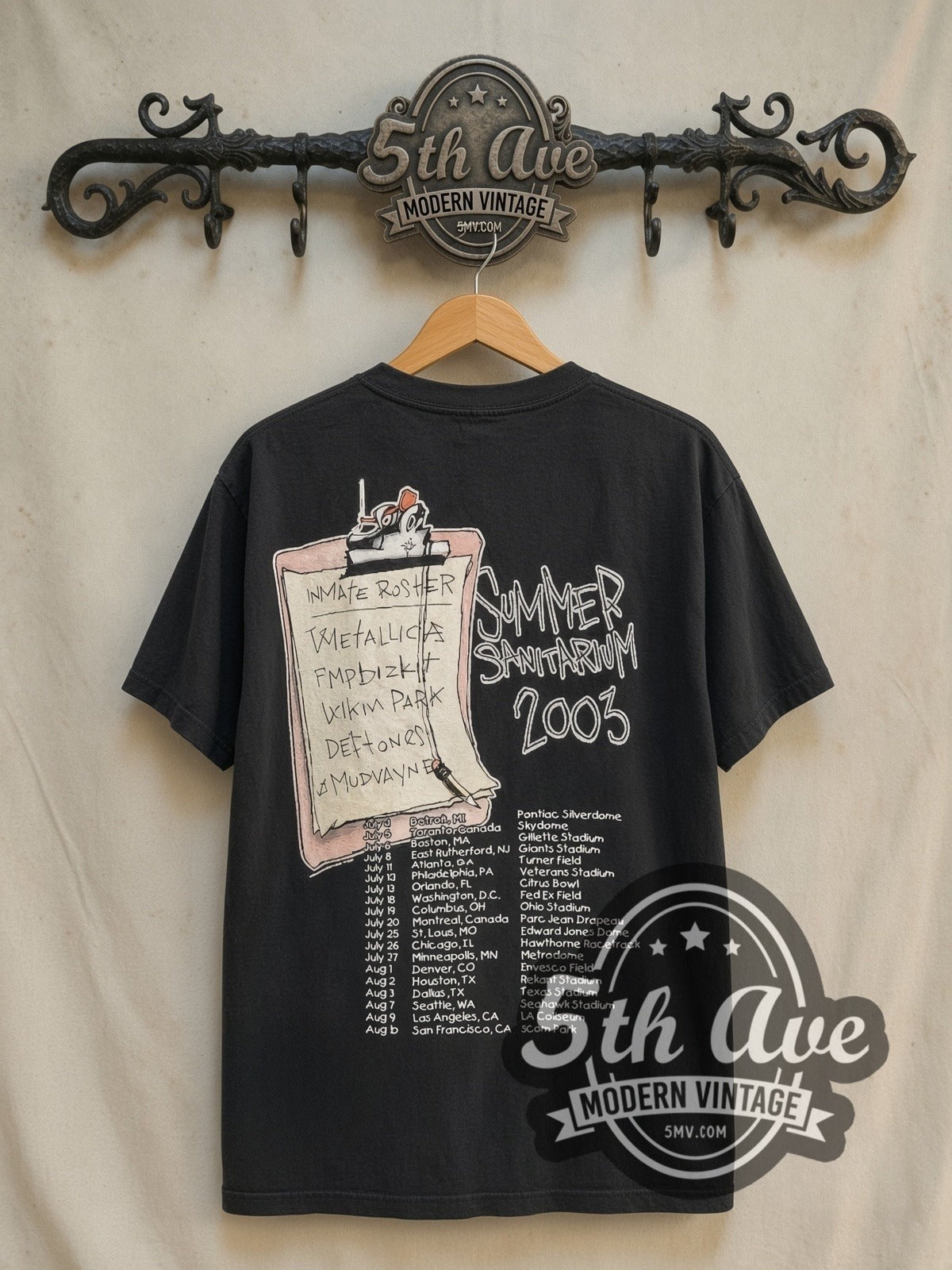 Metallica Summer Sanitarium Tour 2003 vintage band t-shirt in black, back view on a display rack