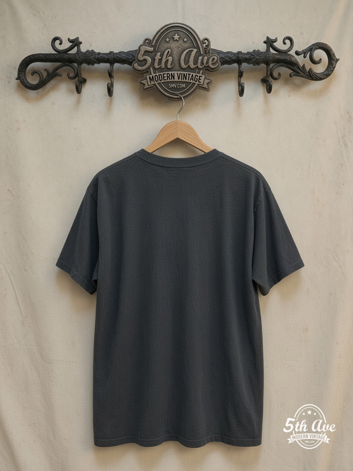 Queen – Red Freddie Silhouette Crest – Vintage Band T-Shirt — back on locked cream ornate 5th Ave rack