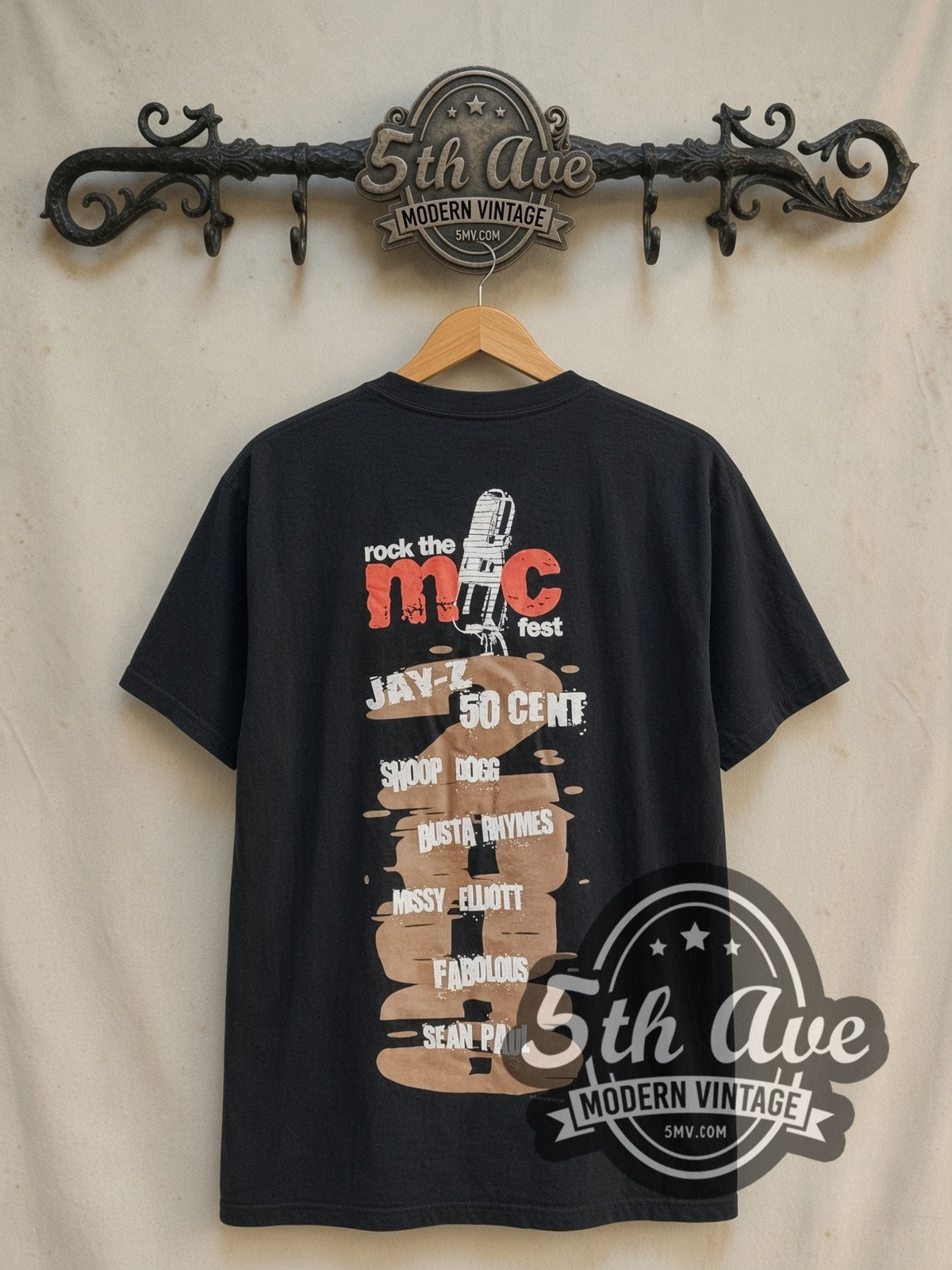 Jay-Z and 50 Cent Jay-Z 50 Cent "Rock The Mic 2003" vintage rap tee in black, back view on a display rack