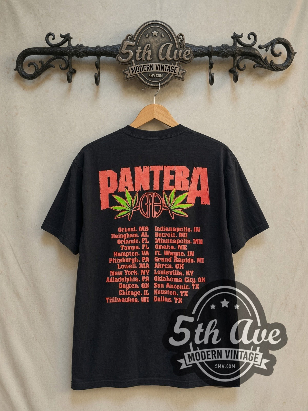 Pantera The Real Steel Tour 2001 vintage band t-shirt in black, back view on a display rack