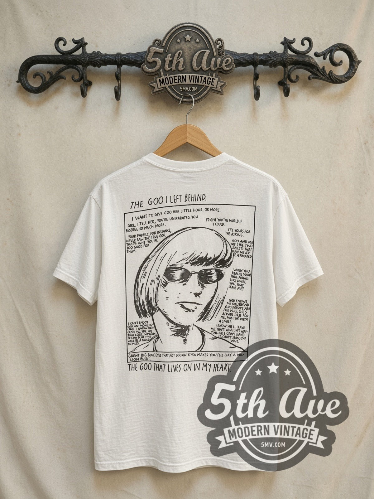 Sonic Youth Goo / I Left Behind vintage band t-shirt in white, back view on the 5MV rack