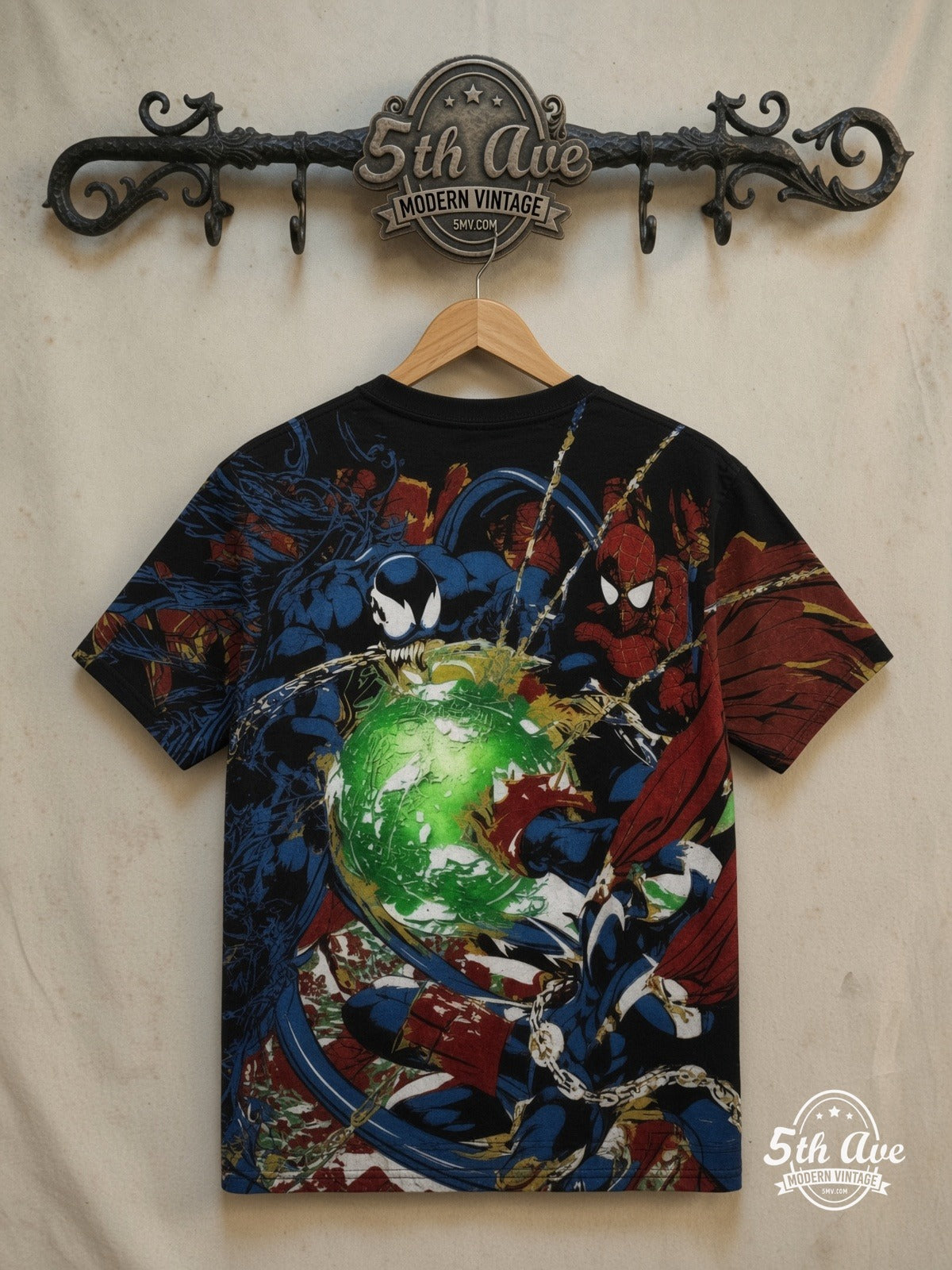 Spider-Man – Night of Chaos vs Venom AOP – New Vintage Graphic Tee — back on locked cream ornate 5th Ave rack