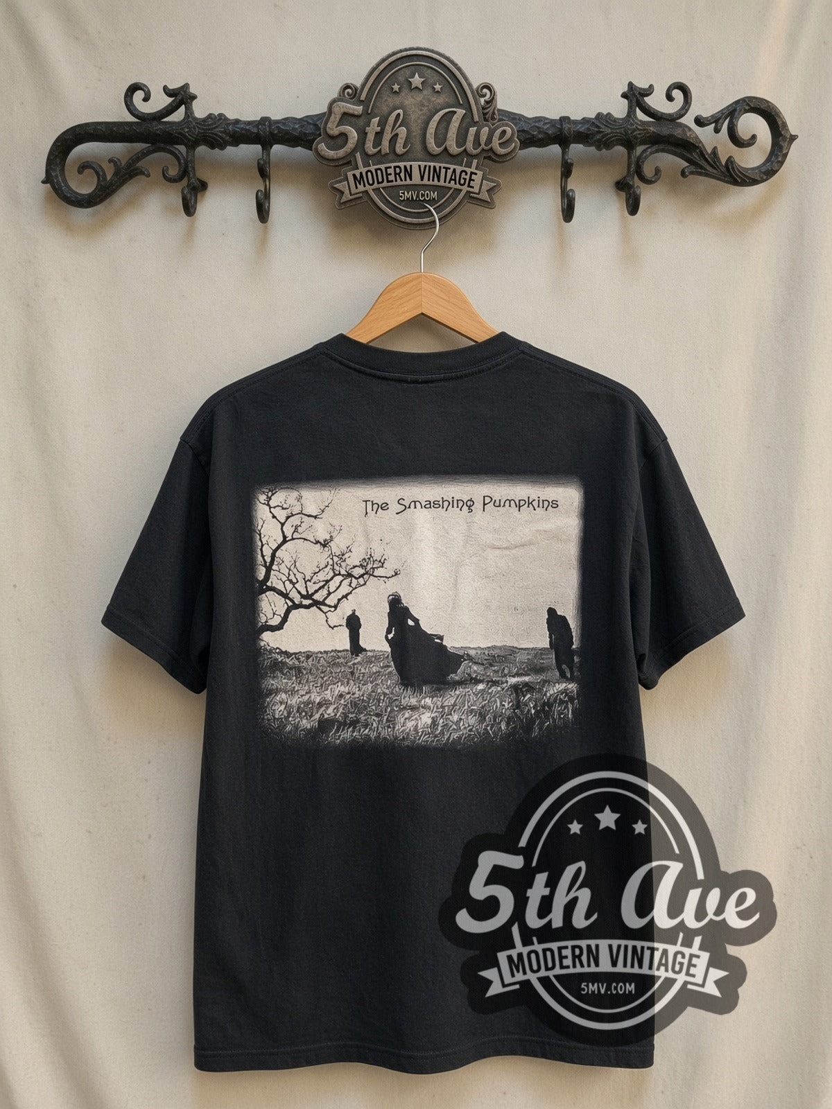 The Smashing Pumpkins Adore vintage band t-shirt in black, back view on a display rack