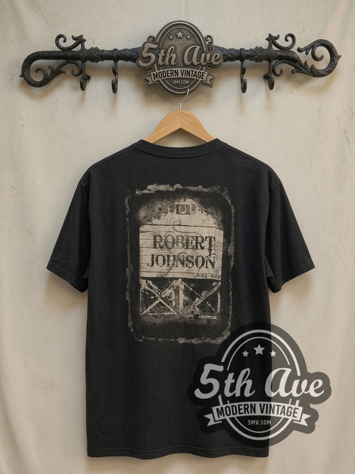 Robert Johnson vintage band t-shirt, back view on a display rack