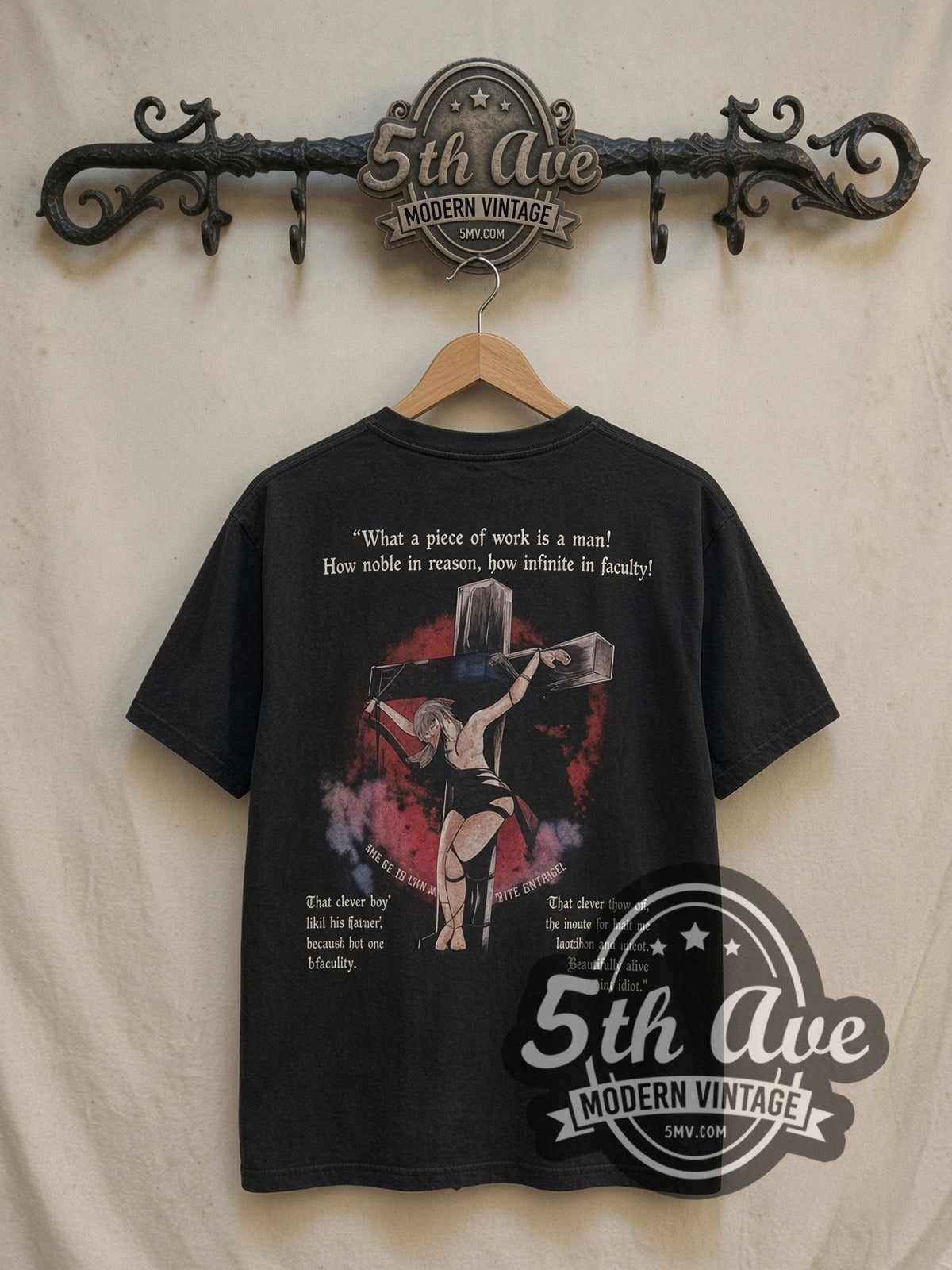 Neon Genesis Evangelion Misato vintage anime t-shirt, back view on a display rack